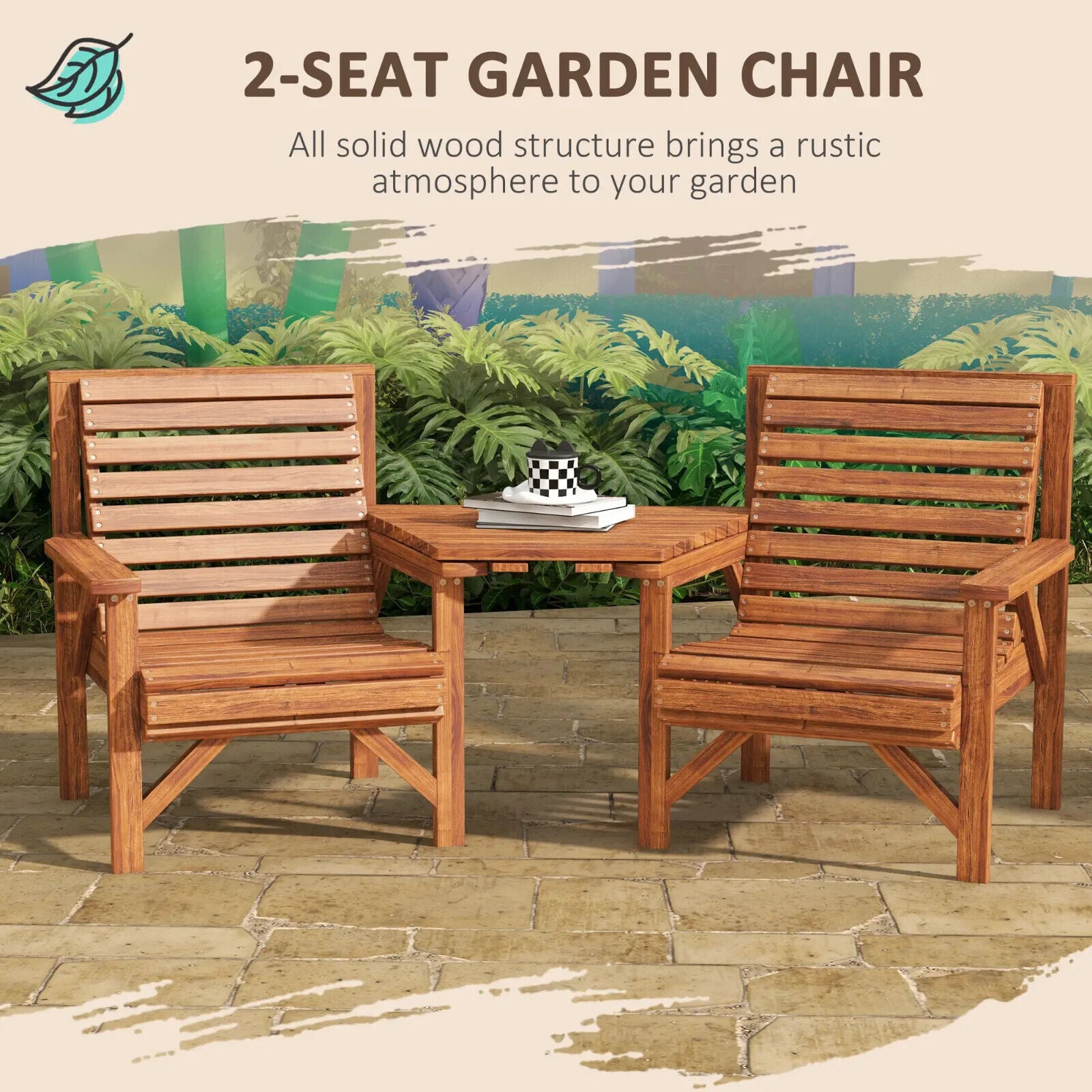 Wooden Garden Love Seat 2 Seater Patio Coffee Table and Chair Set Partner Bench
