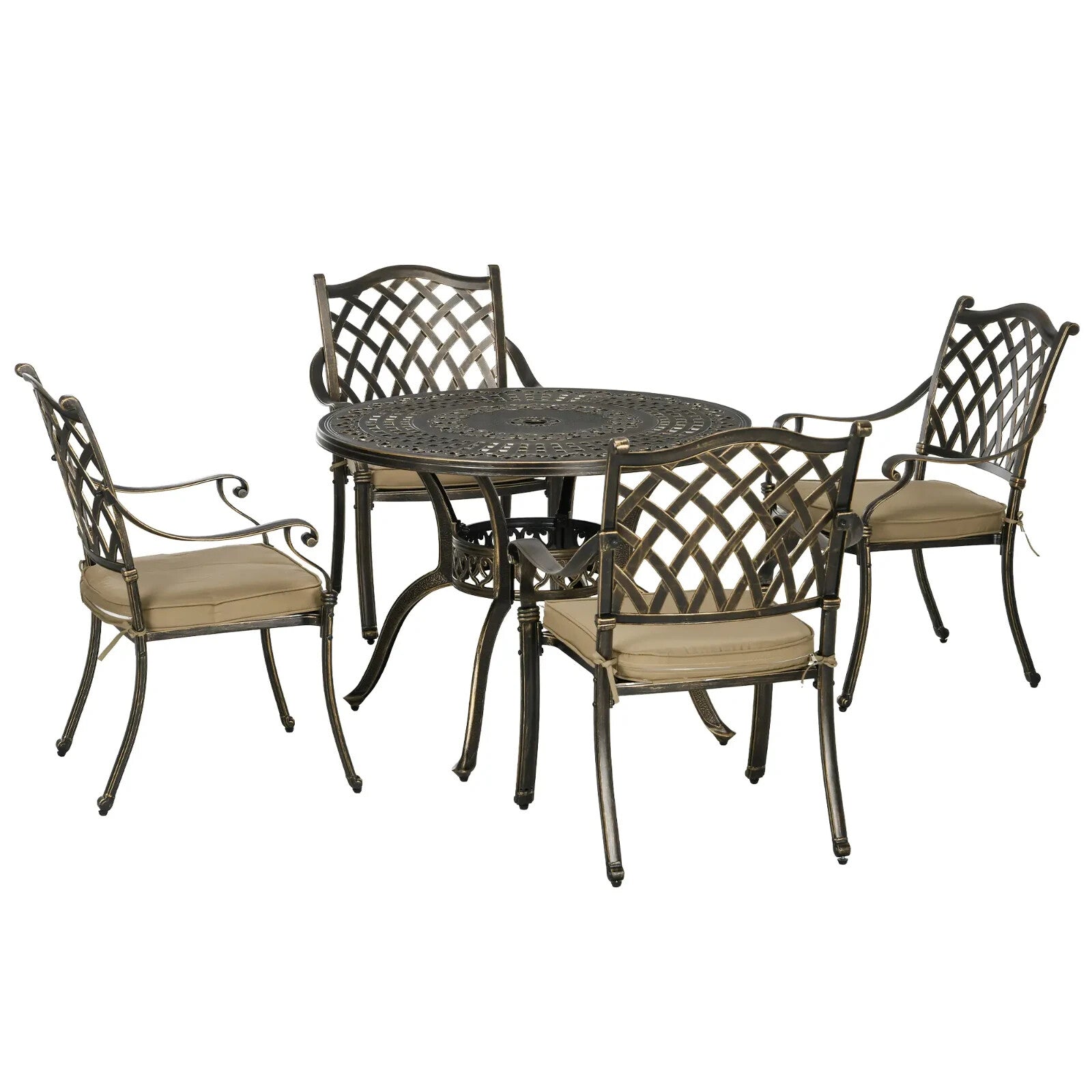4 Seater Antique Cast Aluminium Garden Dining Set with Cushions and Parasol Hole