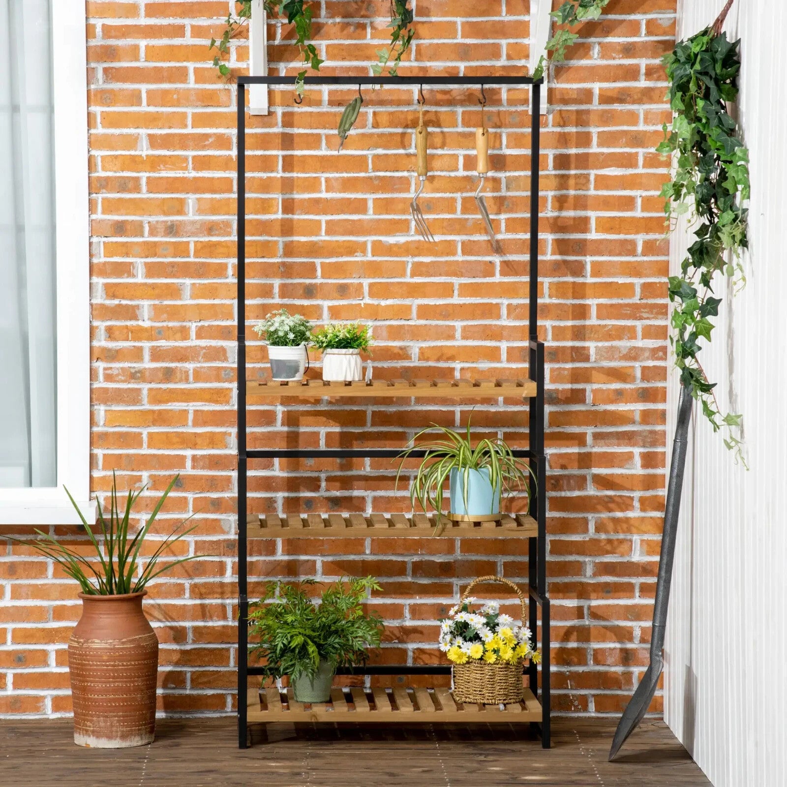 3 Tier Plant Stand w/ Hooks Indoor Outdoor Flower Rack Balcony Garden Shelf Unit