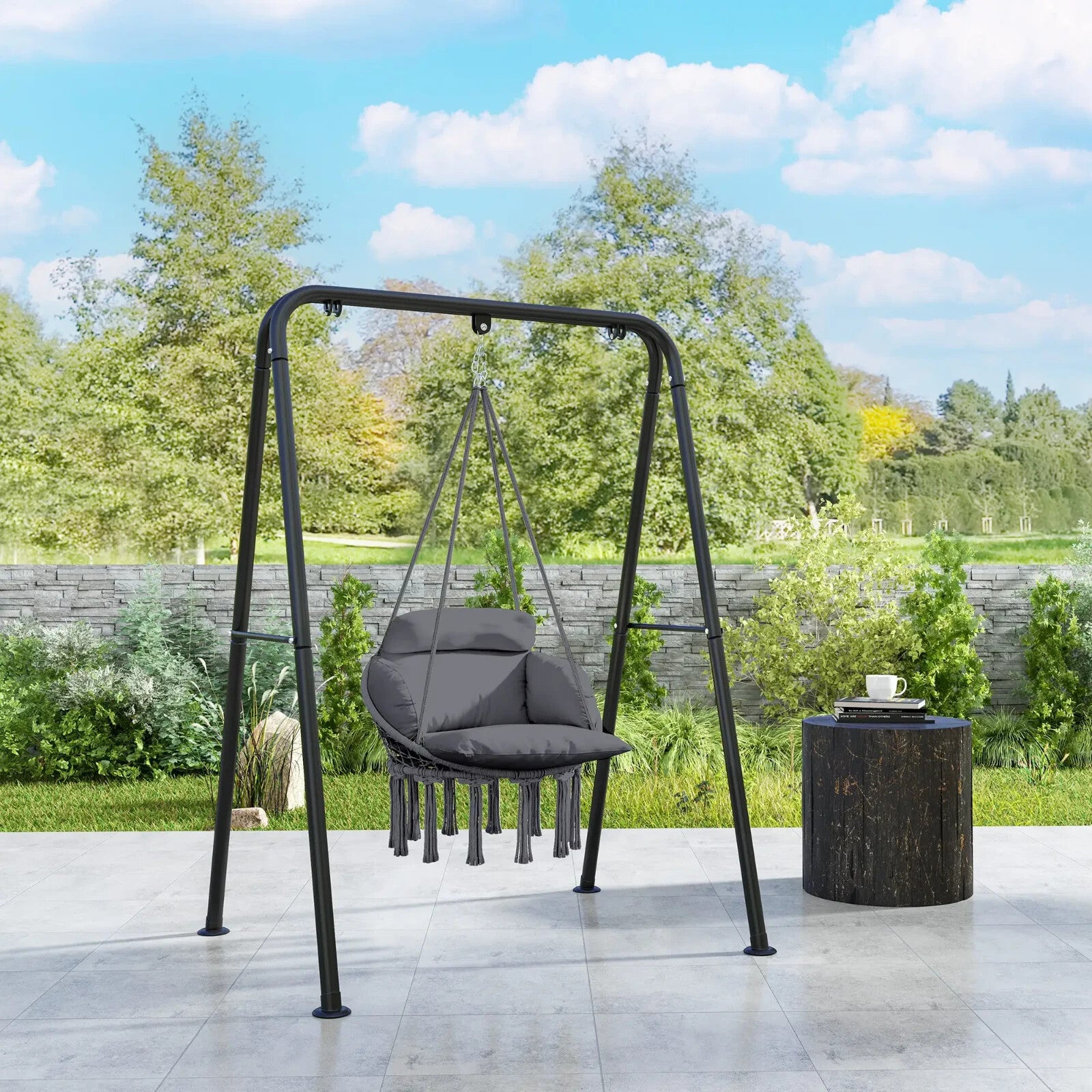 Hammock Hanging Chair Rope Boho Style Swing with Soft Padded Cushion Dark Grey