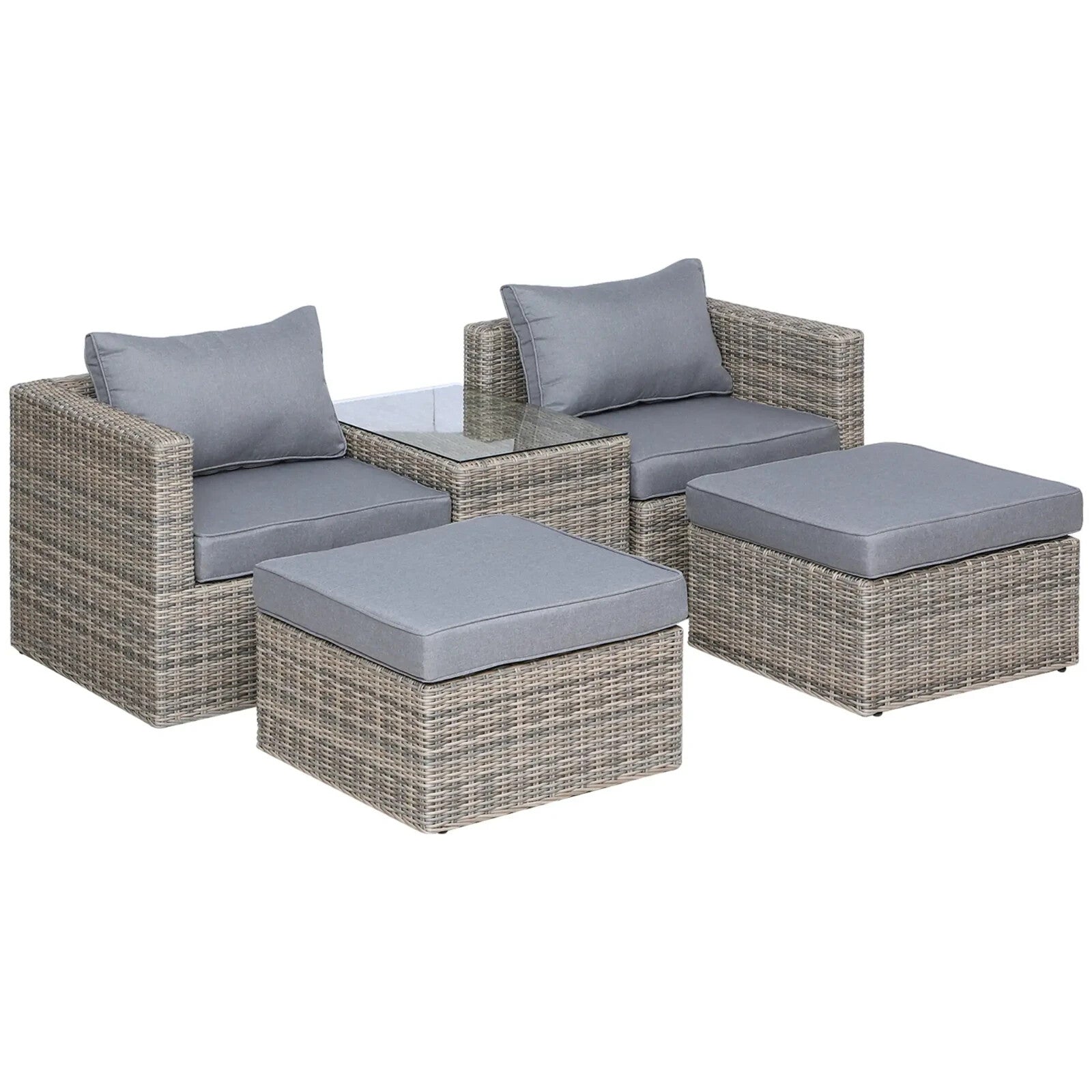 5 Piece Rattan Garden Armchair and Footstool Set with Tall Glass Table Outdoor