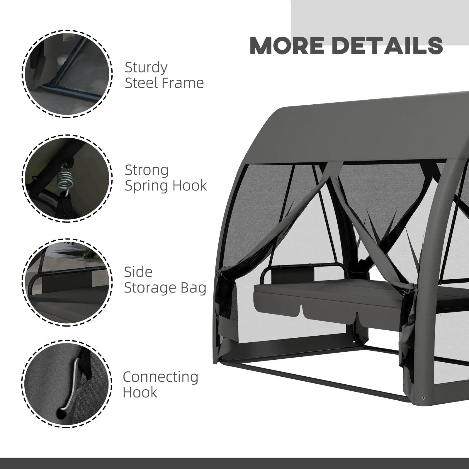 Hammock Swing Bench 3-Seater UV-Resistant Powder Coated with Mesh Canopy Grey