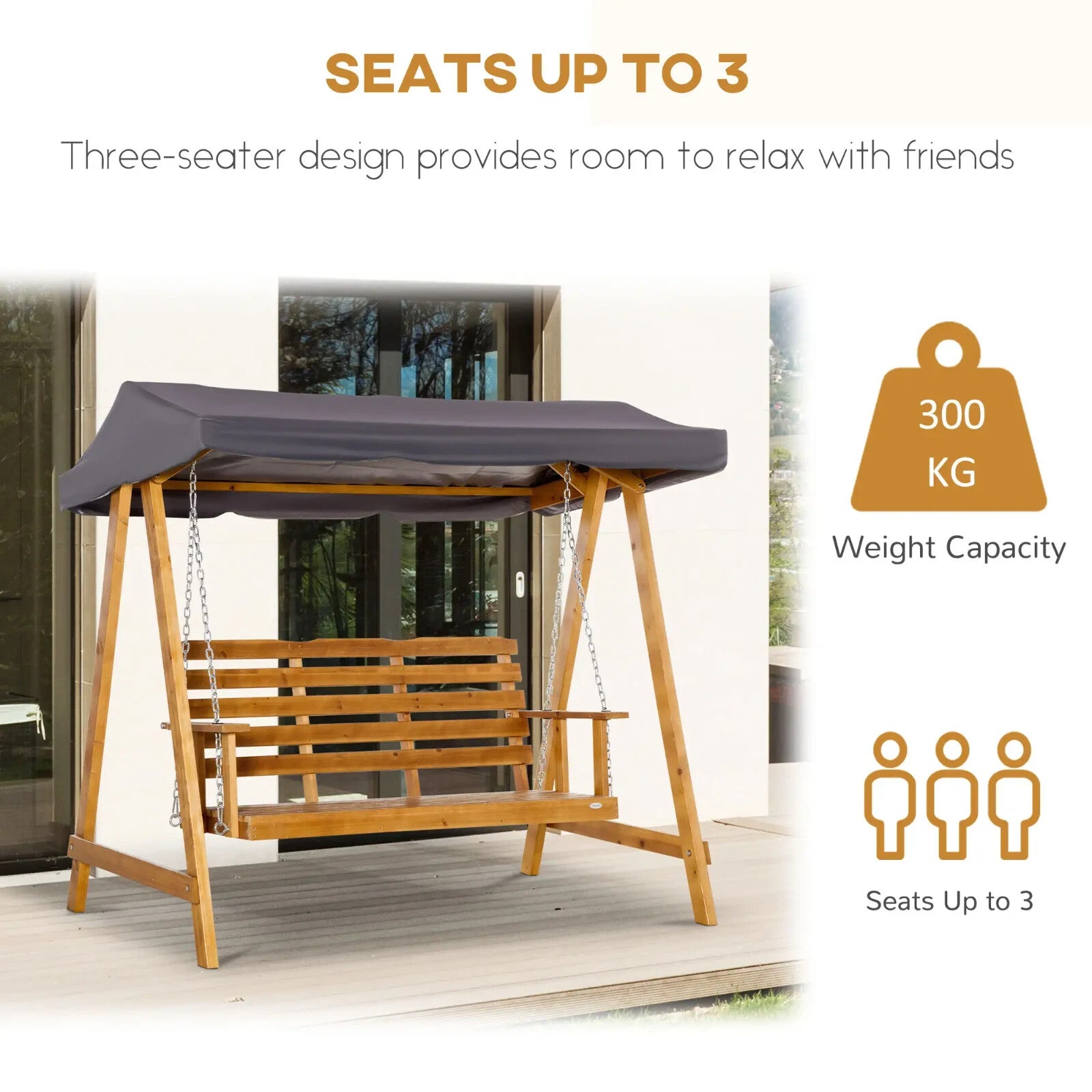 Hammock Swing Bench 3-Seater with Slatted Backrest & Adjustable Canopy Brown