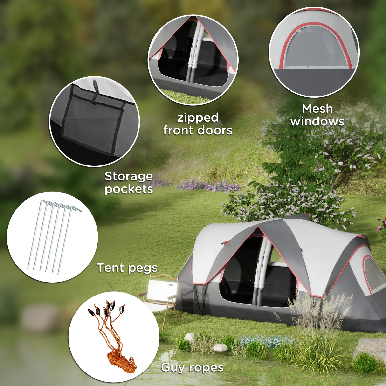 6 8 Man Camping Tent 2000mm Waterproof Air Vents Groundsheet Two Room FOXDEN