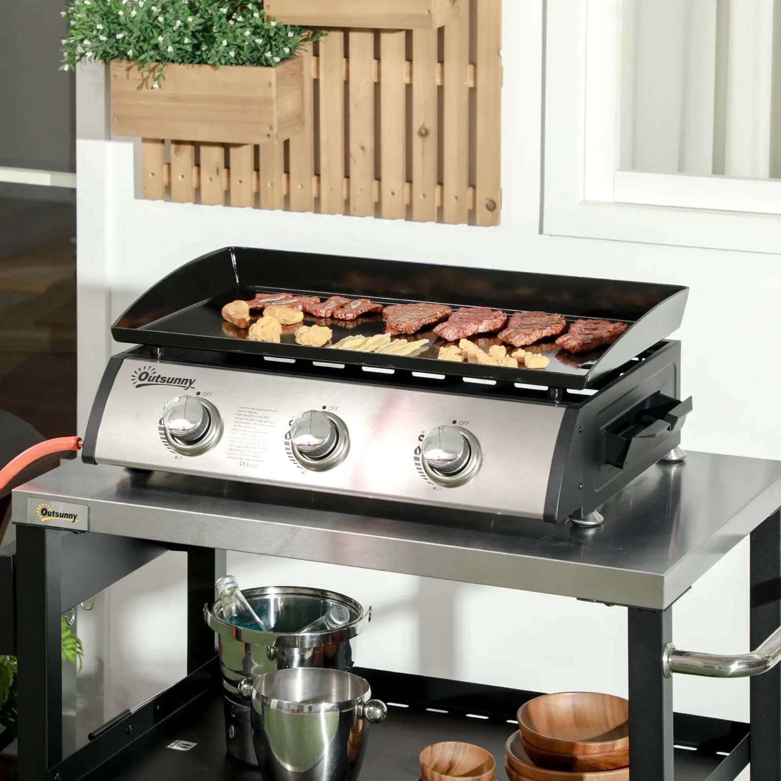 Portable 10000 BTU 3 Burner Gas Plancha BBQ Grill with Lid, Non-Stick Griddle