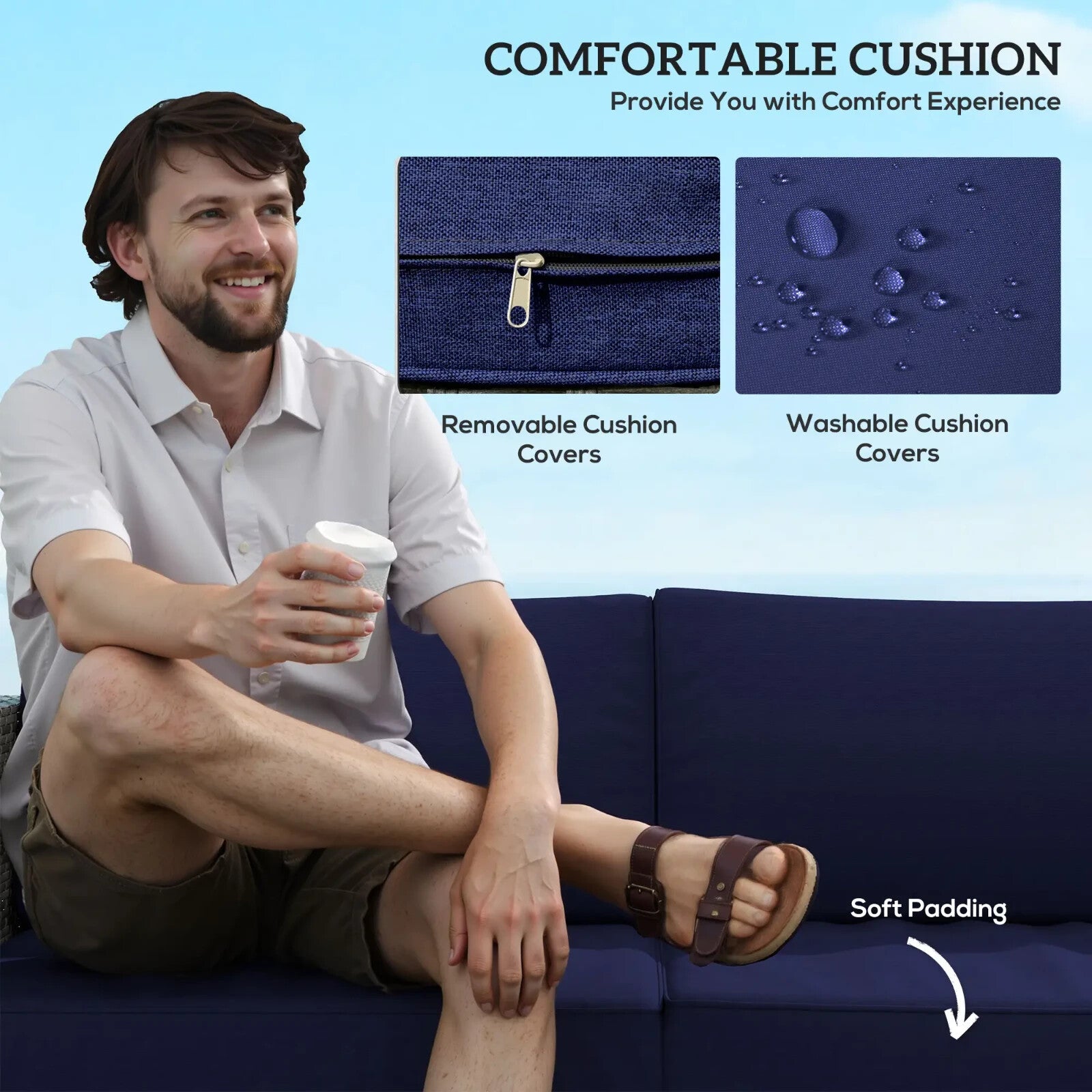 3 Piece Rattan Garden Furniture Set w/Cushion 4 Seater Corner Sofa & Glass Table