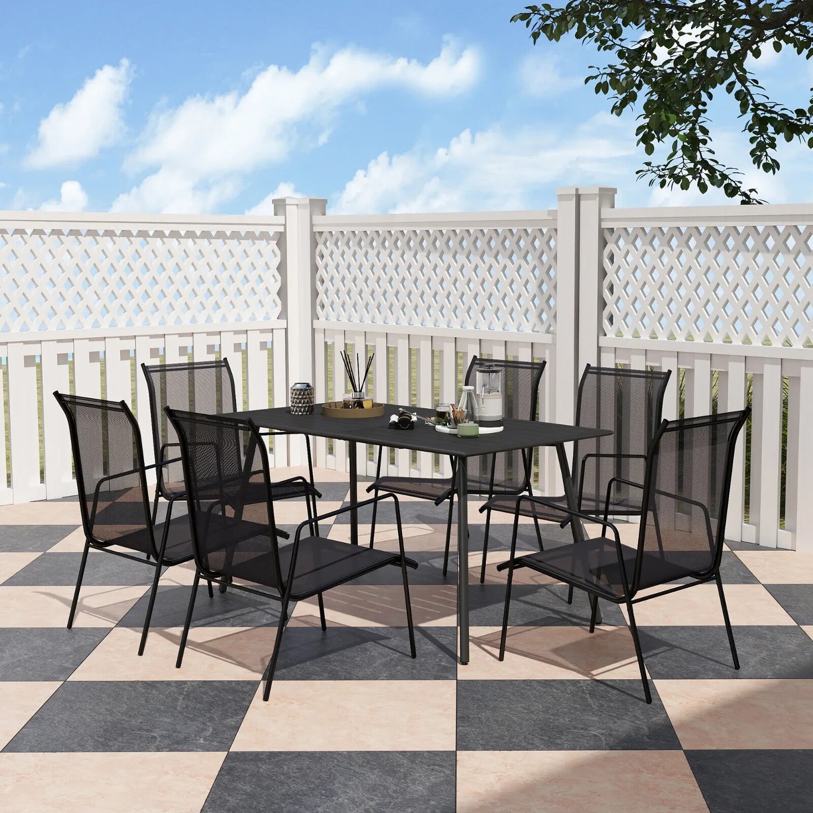 Metal Outdoor Table Black Garden Dining Table for 6 People Slat Top Steel Frame