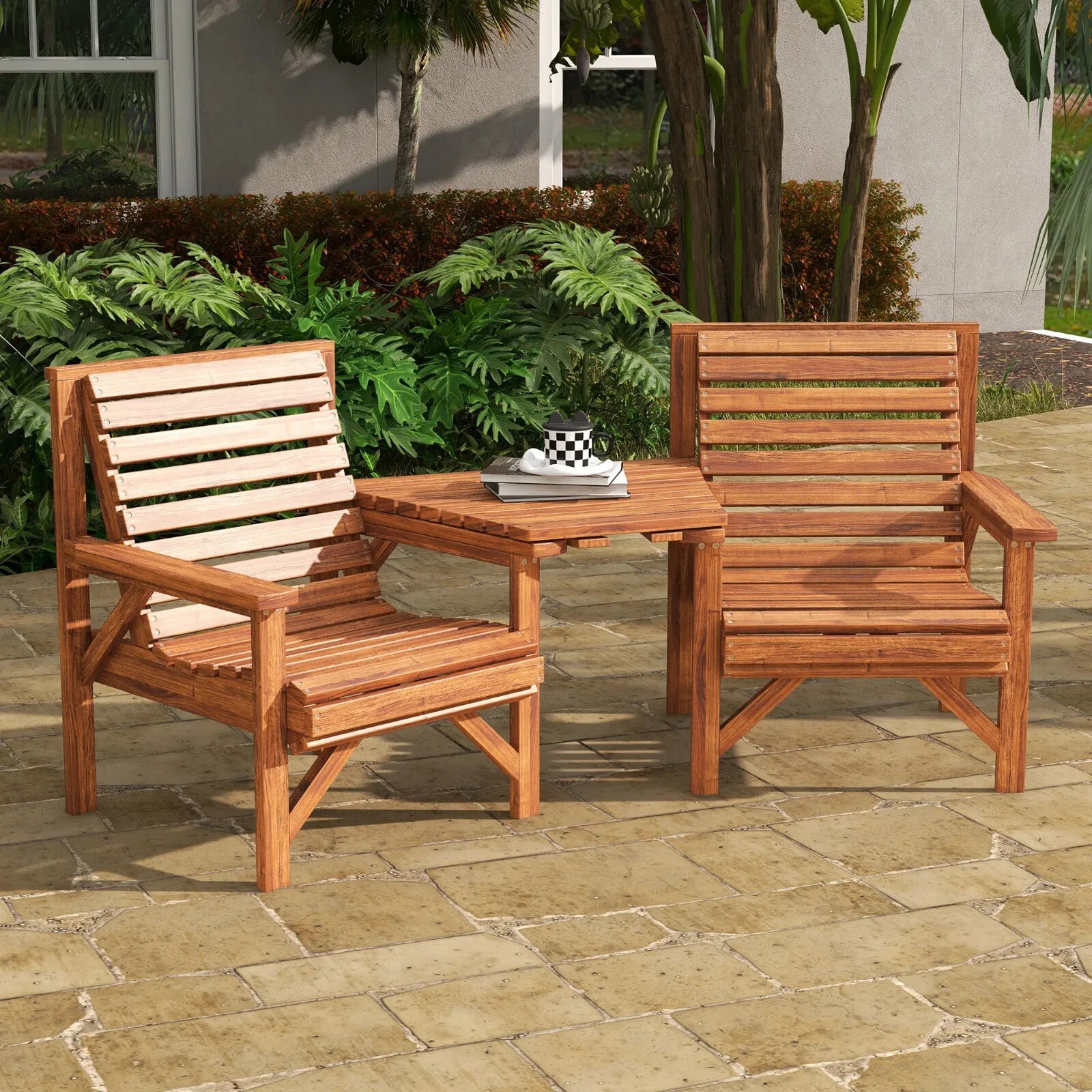 Wooden Garden Love Seat 2 Seater Patio Coffee Table and Chair Set Partner Bench