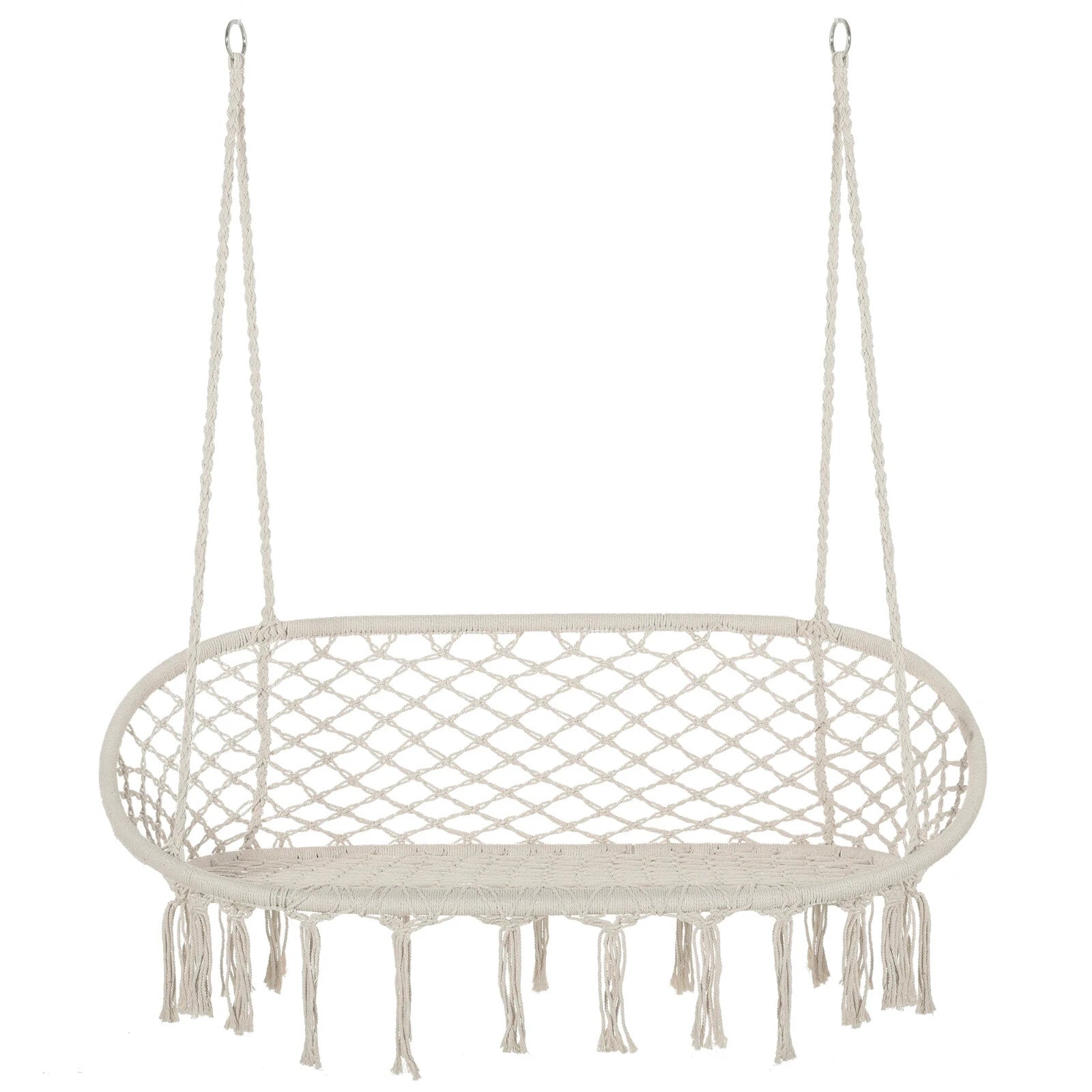 Hammock Hanging Bench 2-Seater Rope Porch Swing with Curved Back Cream White