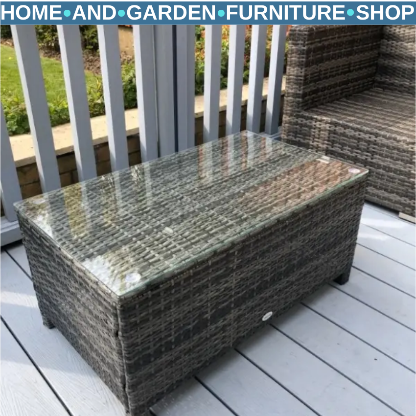 Rattan Garden Coffee Table with Tempered Glass Top Outdoor Patio Furniture Grey