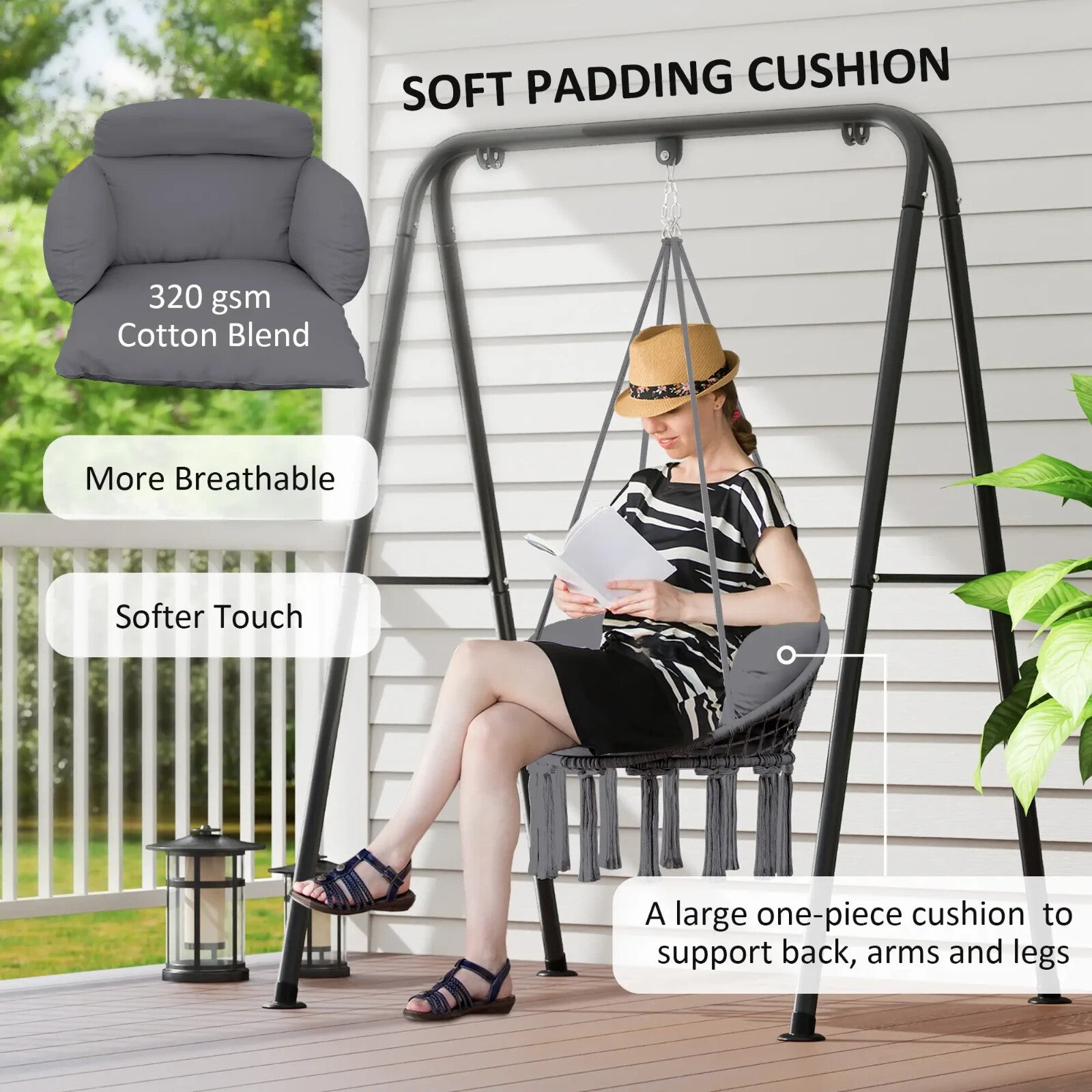 Hammock Hanging Chair Rope Boho Style Swing with Soft Padded Cushion Dark Grey