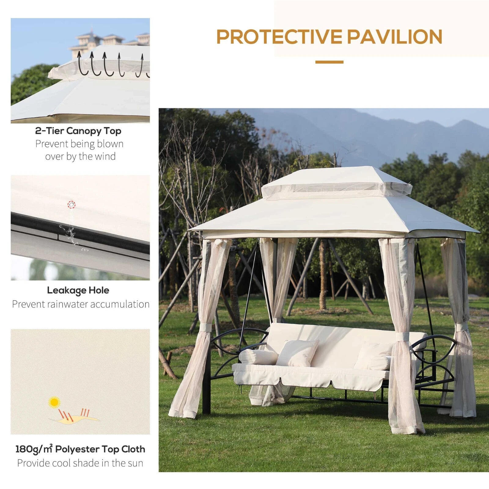 Hammock Swing Bench 3-Seater with 2-Tier Gazebo Canopy & Mesh Netting Beige