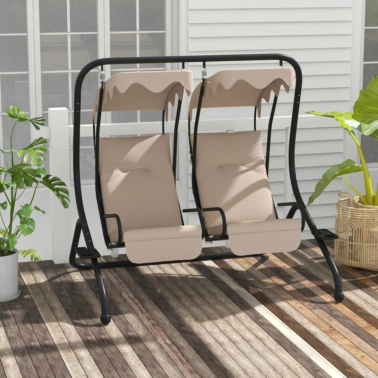 Hammock Swing Bench 2-Seater Weather-Resistant with Adjustable Canopy Beige