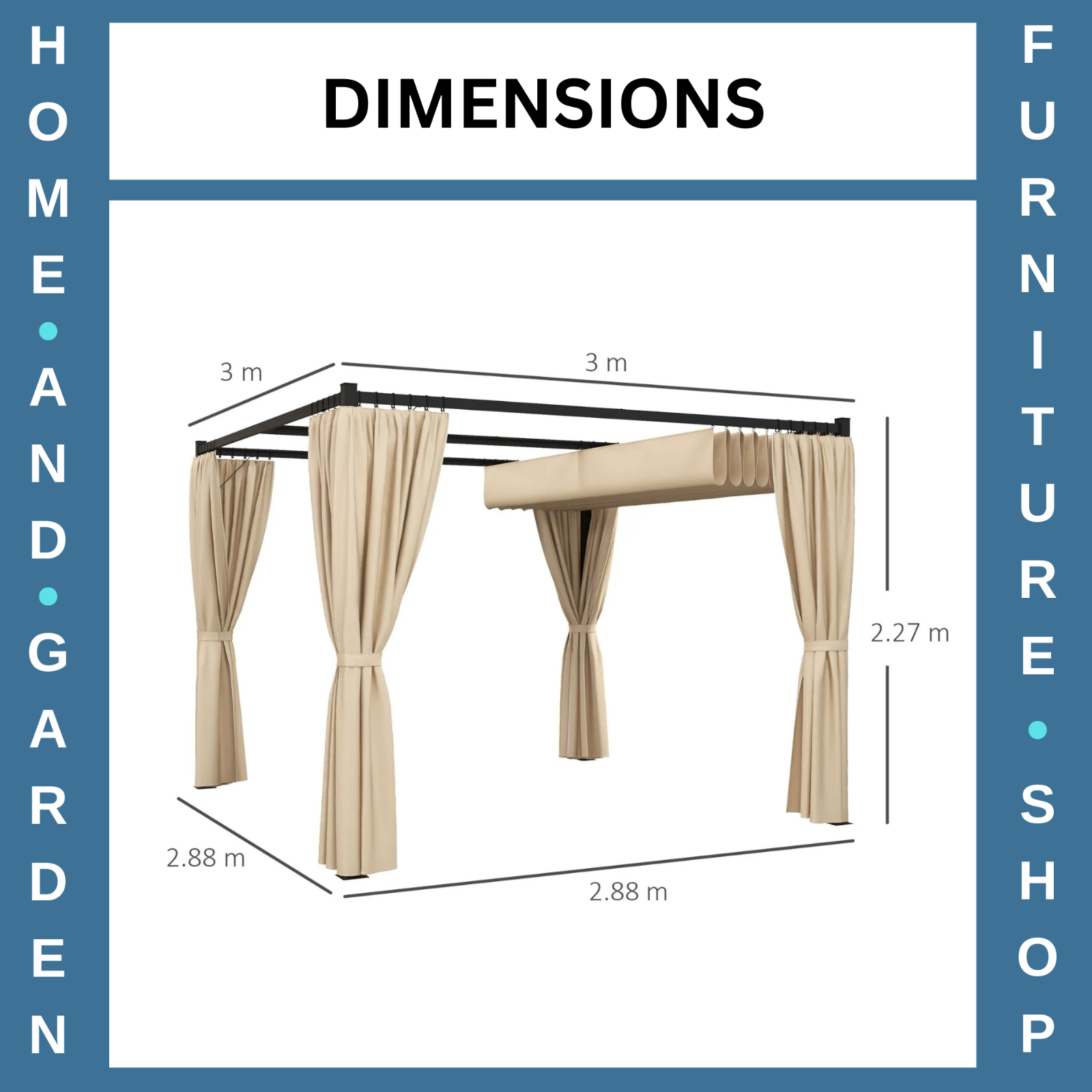 3 x 3m Retractable Pergola Gazebo with Curtains Garden Shelter Canopy for Patio