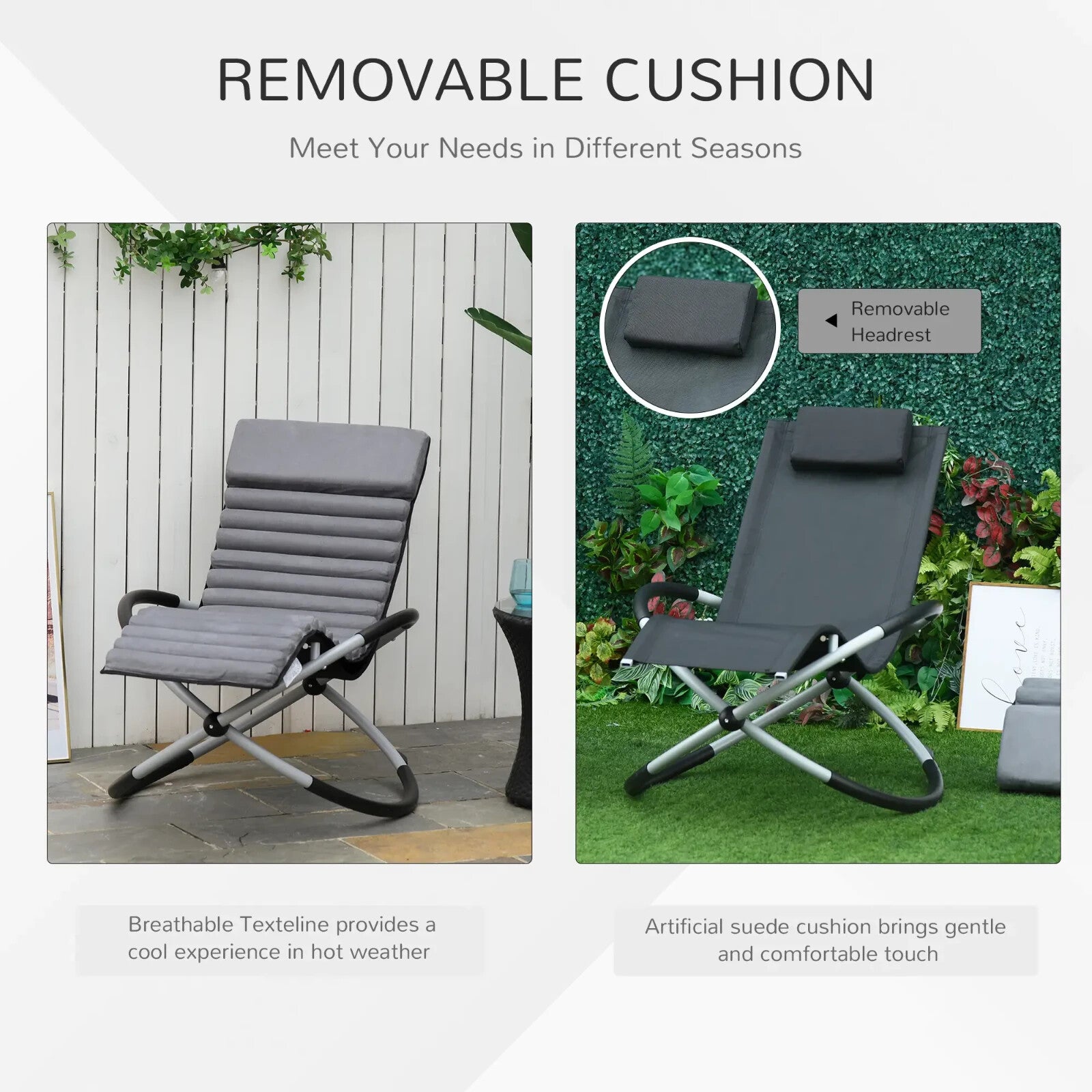145cm Orbital Zero Gravity Rocking Lounger Chair with Cushion for Garden Grey