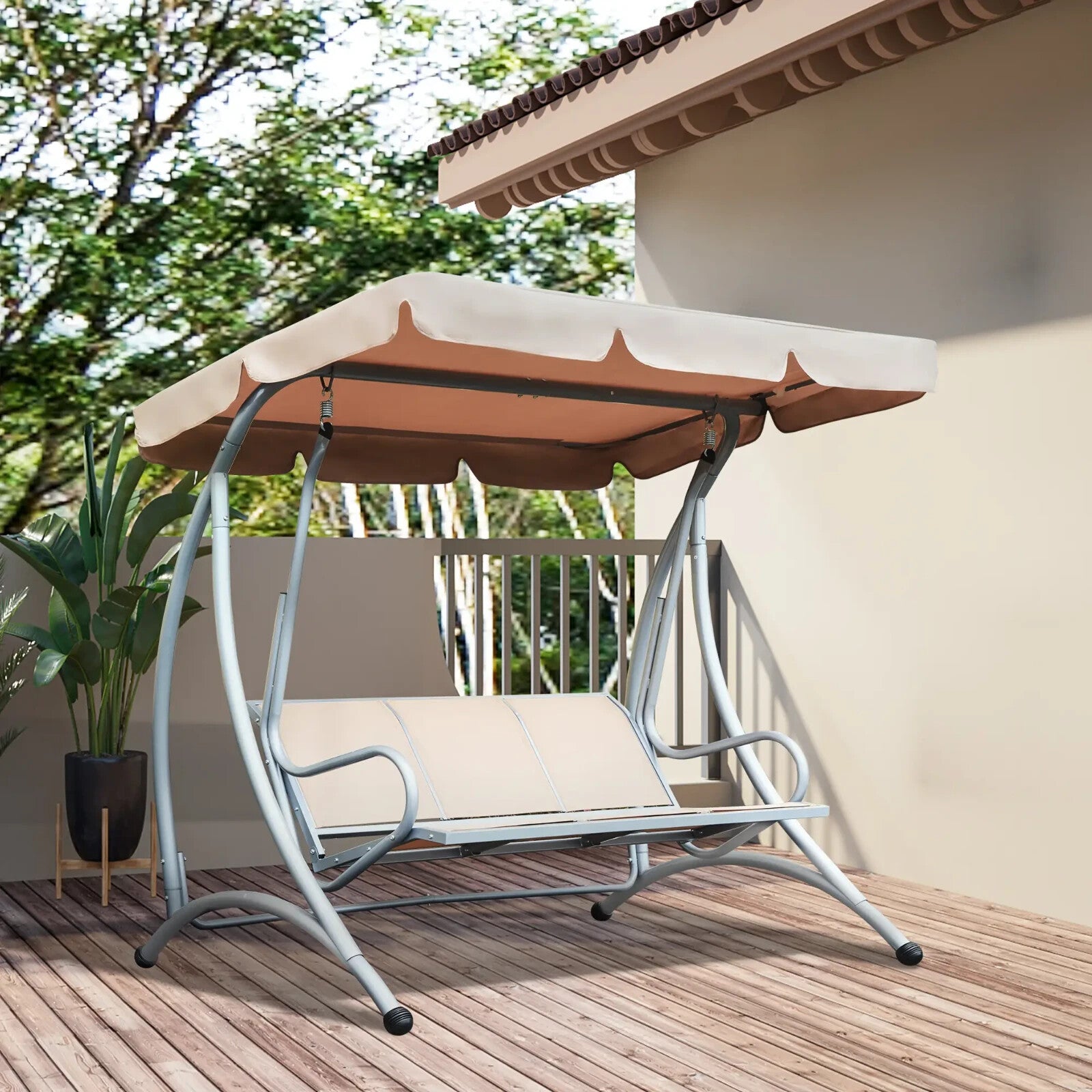 Hammock Swing Bench 3-Seater Weather-Resistant with Adjustable Canopy Beige