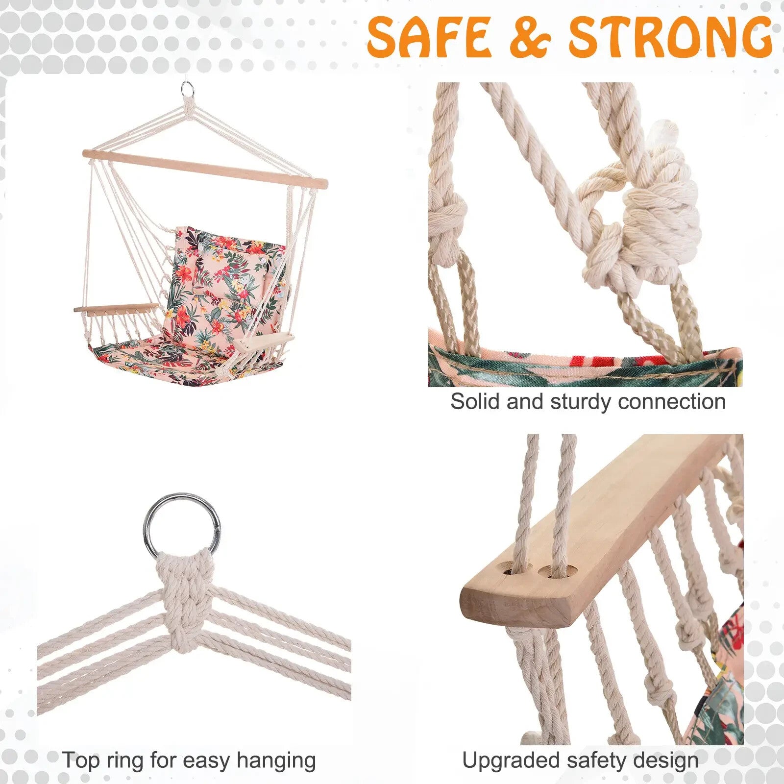 Hammock Hanging Chair Thick Rope Swing with Padded Cushion Multi-Colour Floral