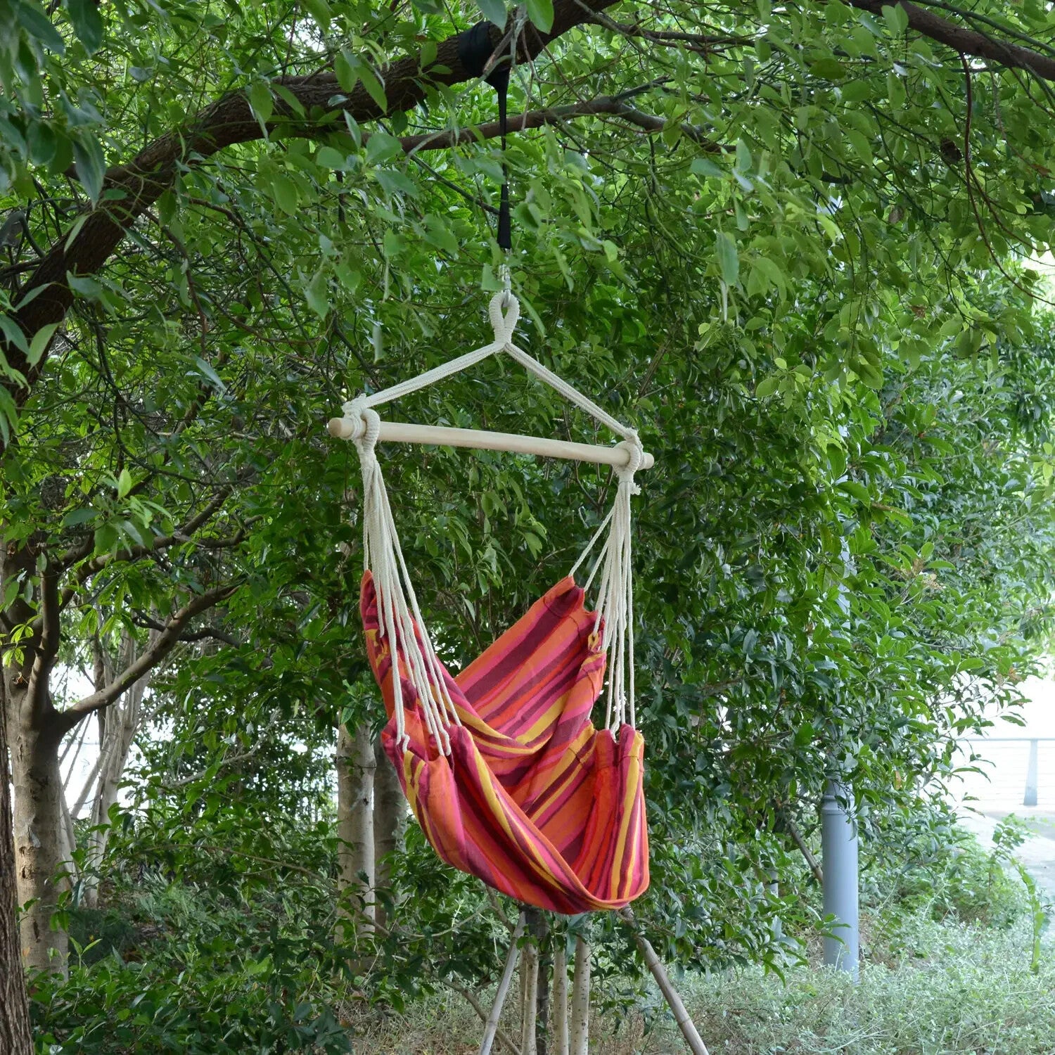 Hammock Hanging Chair Portable Rectangular with Support Bar & Rope Red Striped