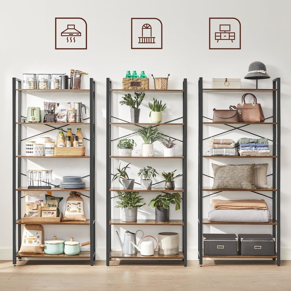 Rustic Brown Large Bookcase 6 Tier Tall Bookshelf Steel Frame Shelf Unit Tallboy