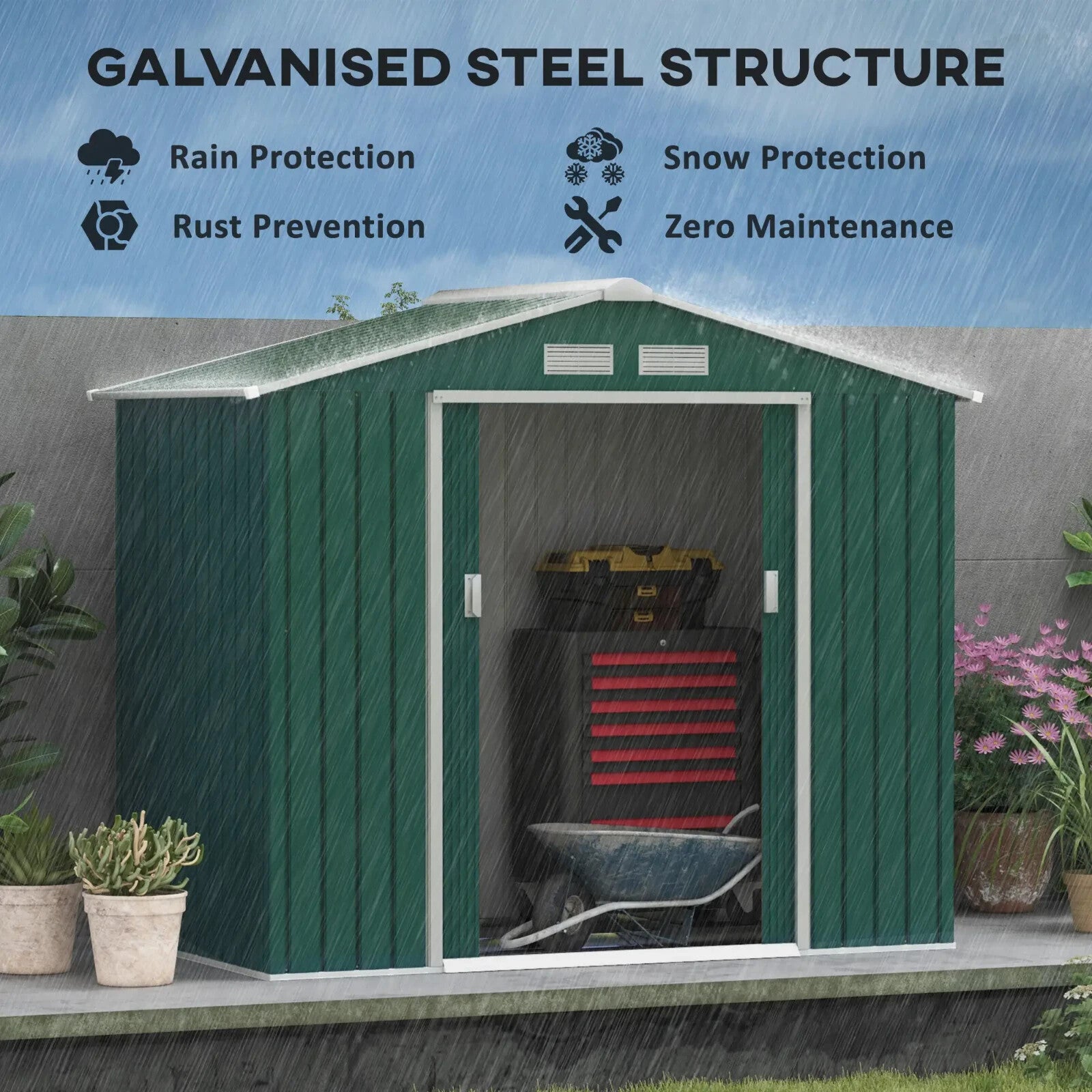 7 x 4ft Metal Garden Shed Storage with Foundation Kit and Vents Green Tool Shed