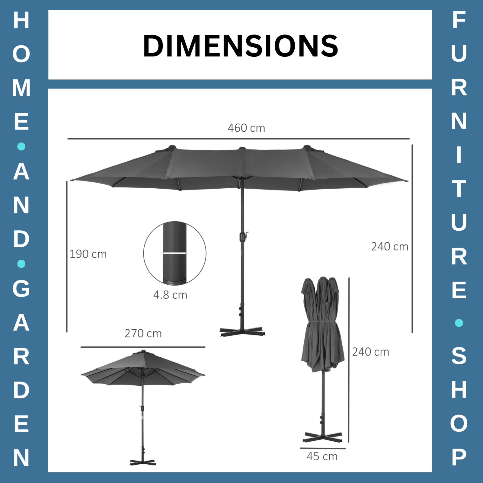4.6m Garden Sun Umbrella with Double Sided Canopy Cross Base and Crank Handle