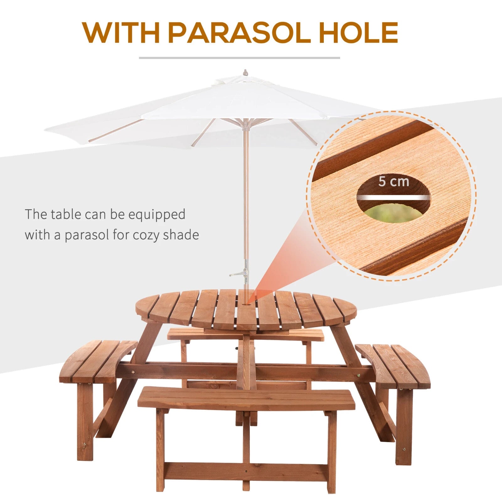 Wooden Round Picnic Table Garden Bench Set Outdoor 8 Seater Bench Parasol Hole