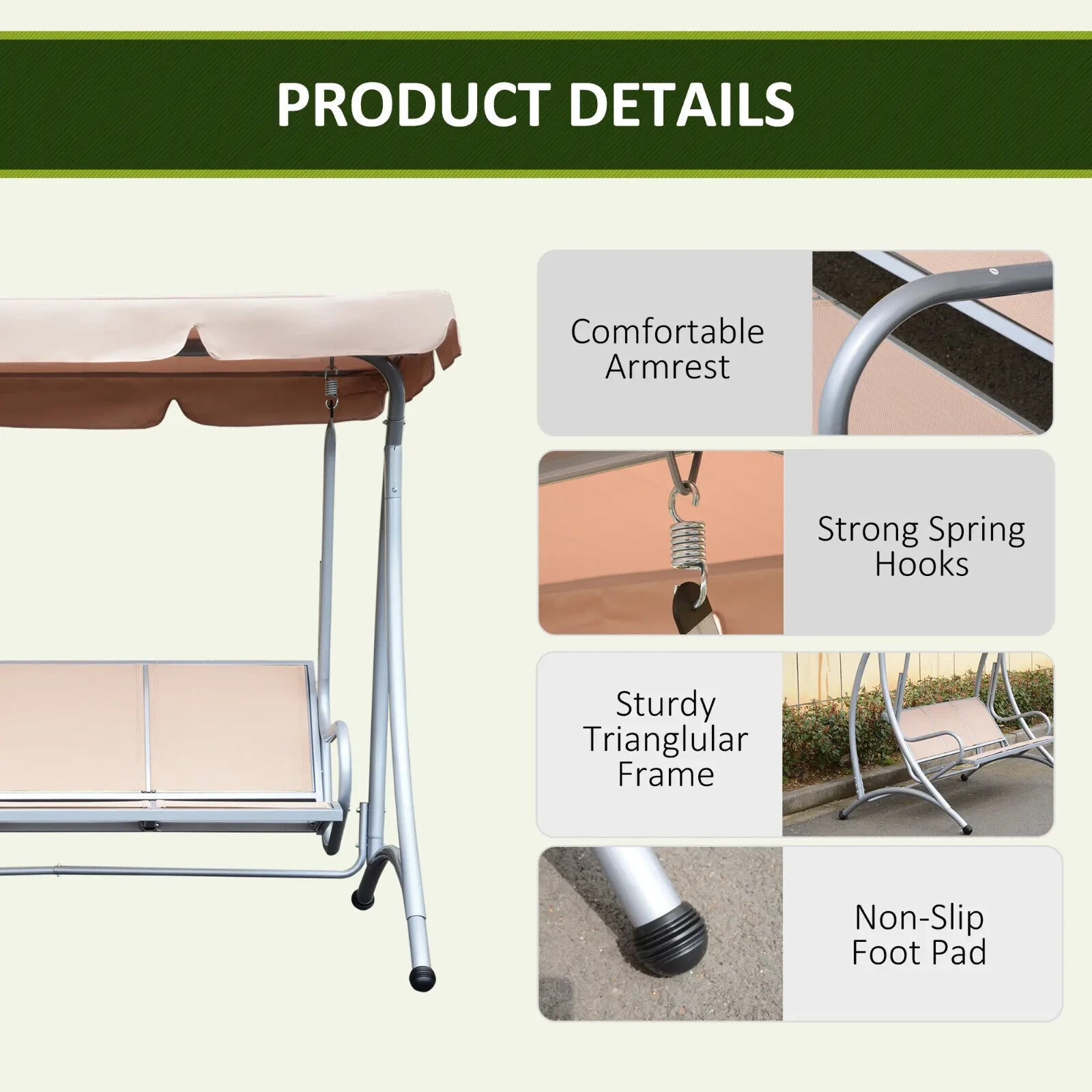 Hammock Swing Bench 3-Seater Weather-Resistant with Adjustable Canopy Beige
