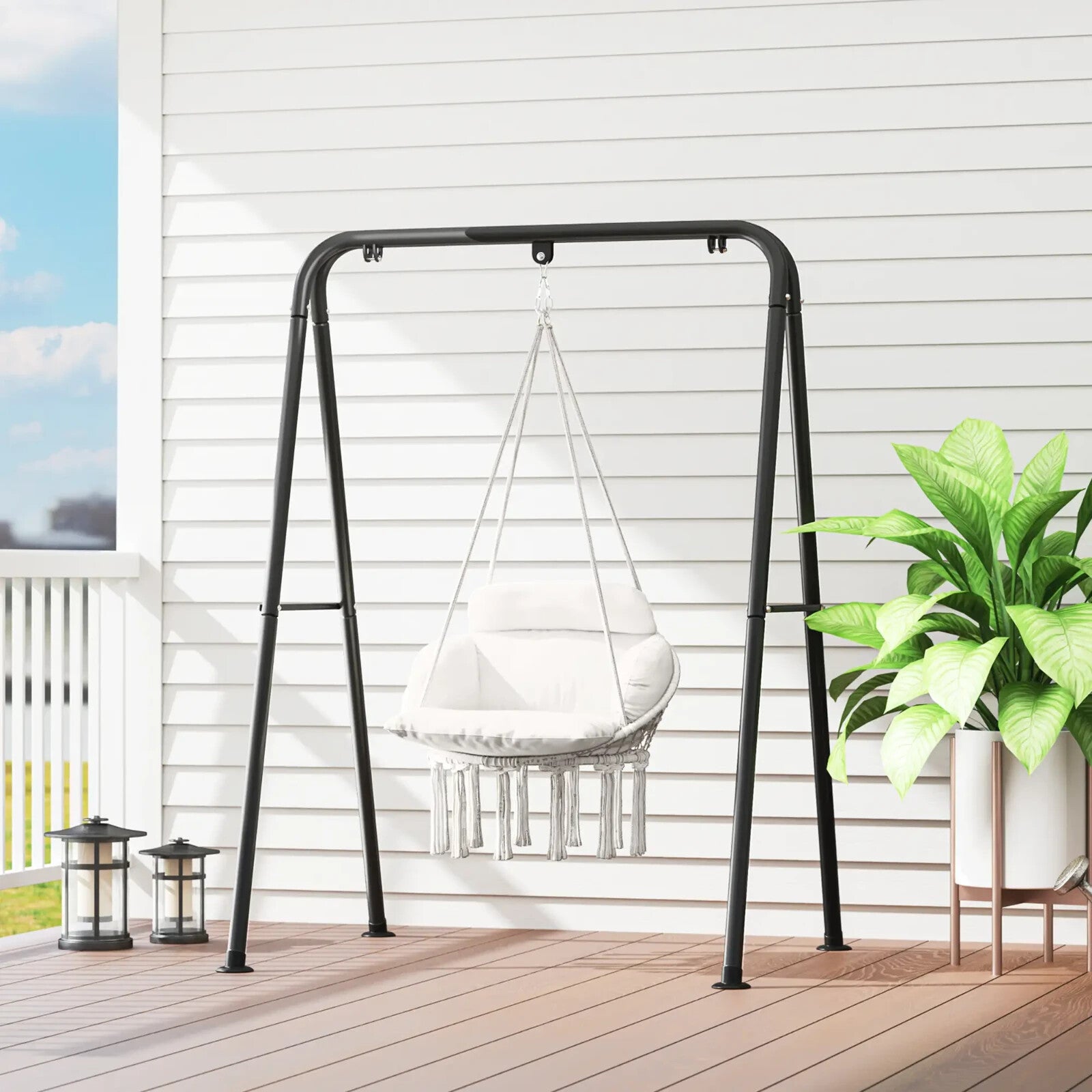Hammock Hanging Chair Rope Swing with Padded Cushion & Adjustable Chain Cream