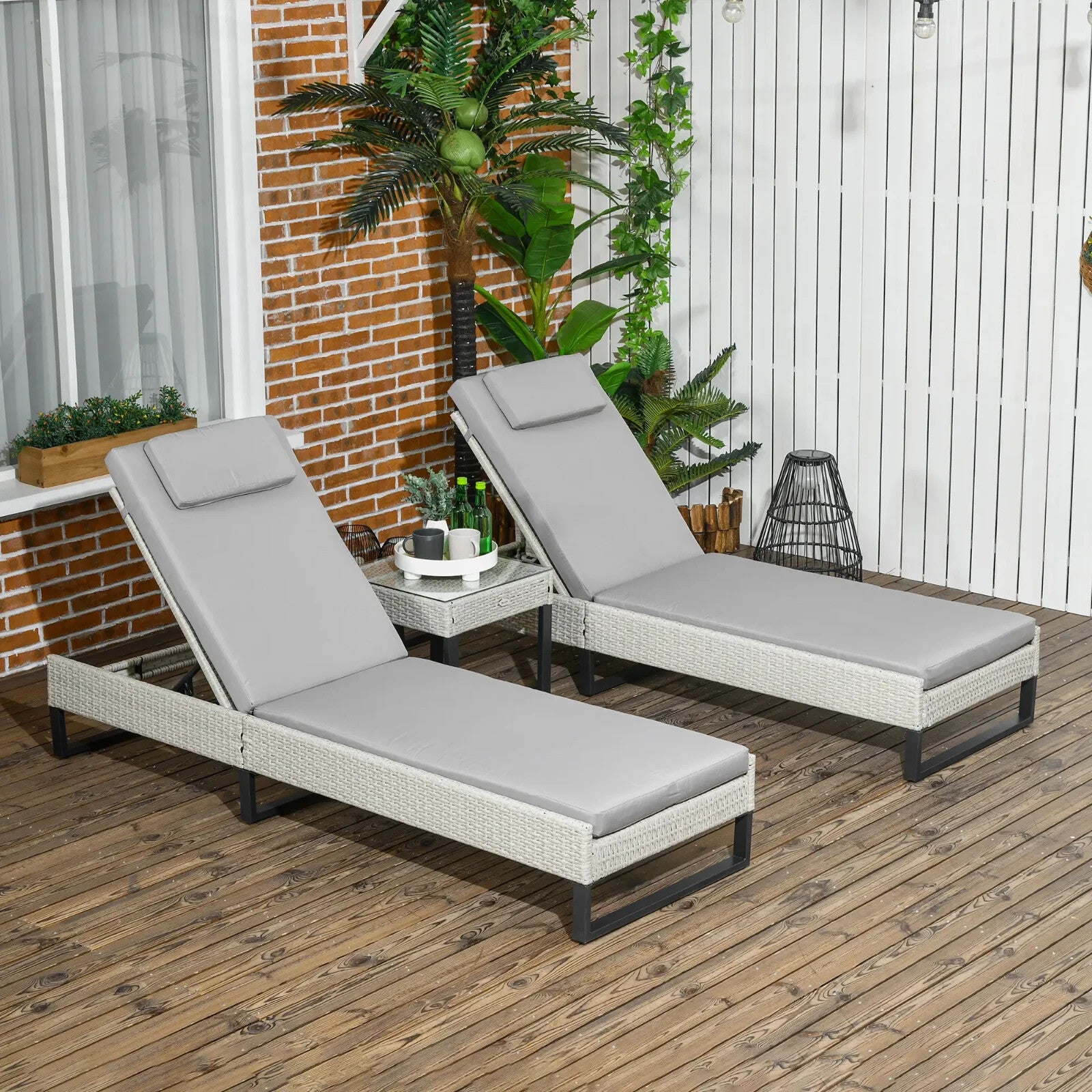 3 Piece Rattan Sun Lounger Set With Adjustable Recliner Chaise Lounge And Table