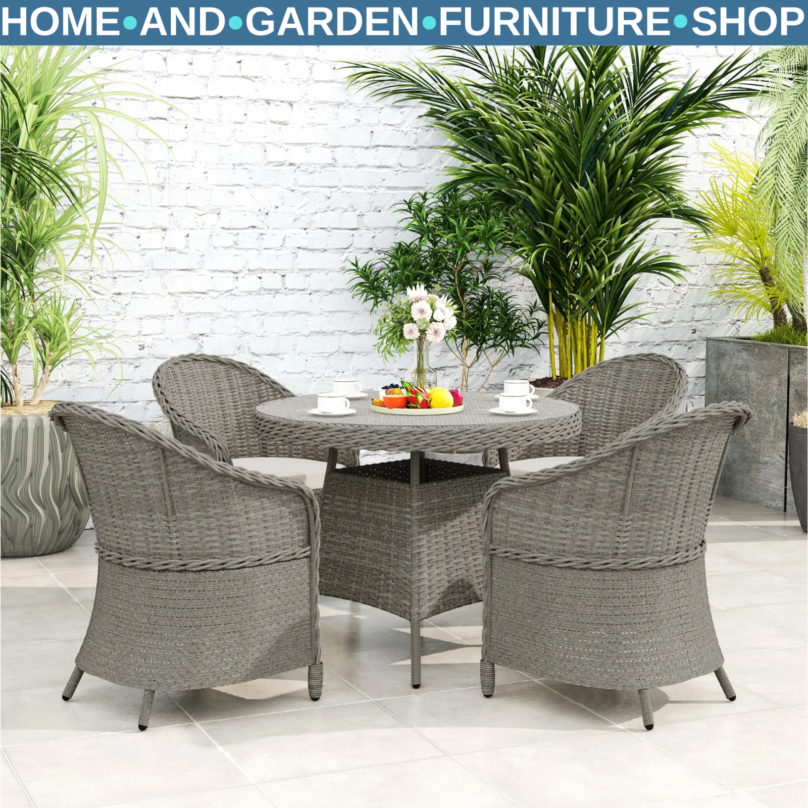 4 Seater Rattan Garden Furniture Set with Cushions and Table and Chairs Grey
