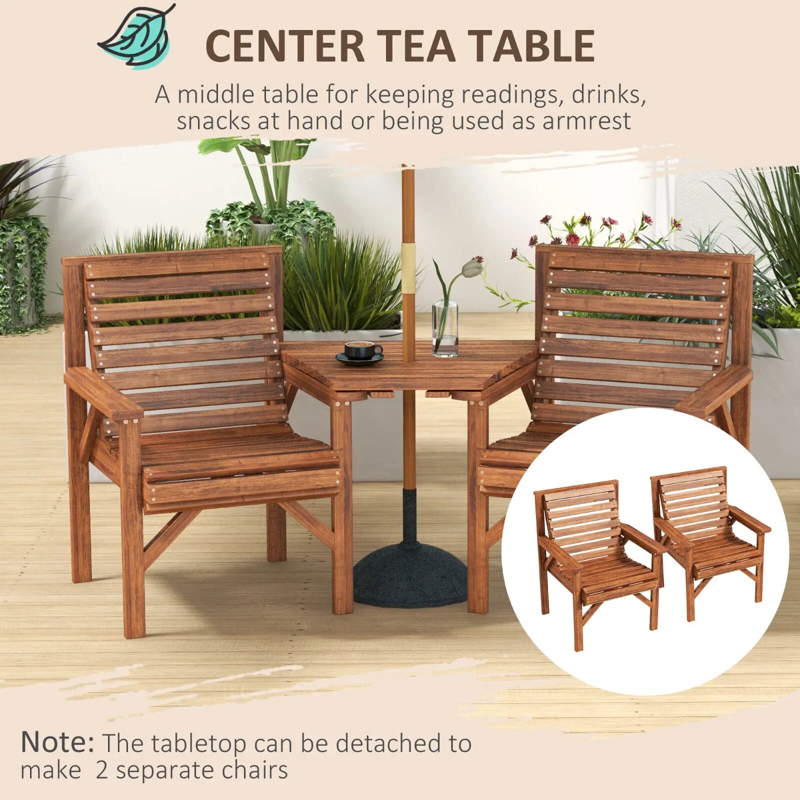 Wooden Garden Love Seat 2 Seater Patio Coffee Table and Chair Set Partner Bench