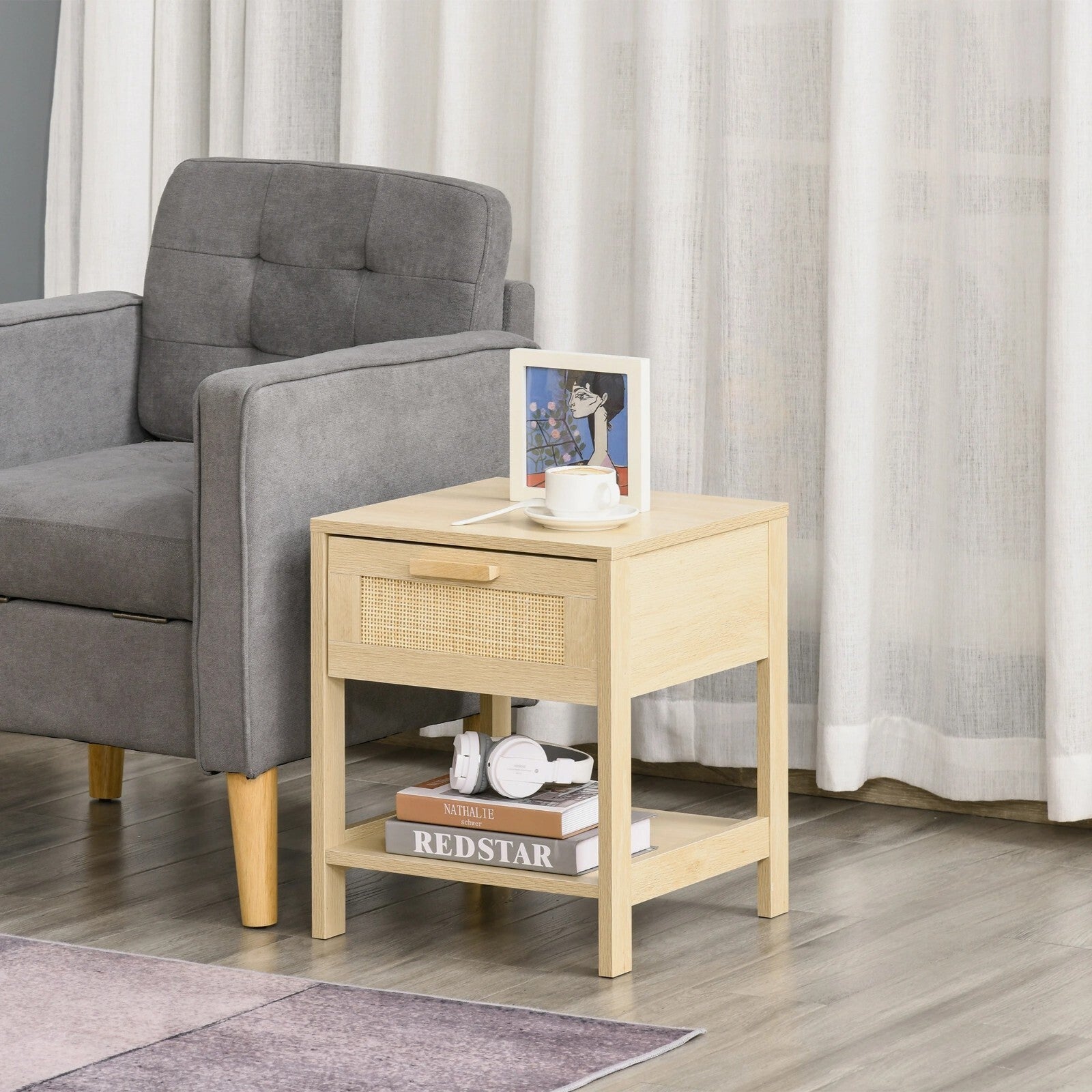 Bedroom Bedside Table Nightstand Storage Organiser Drawer Rattan Shelf Oak Style