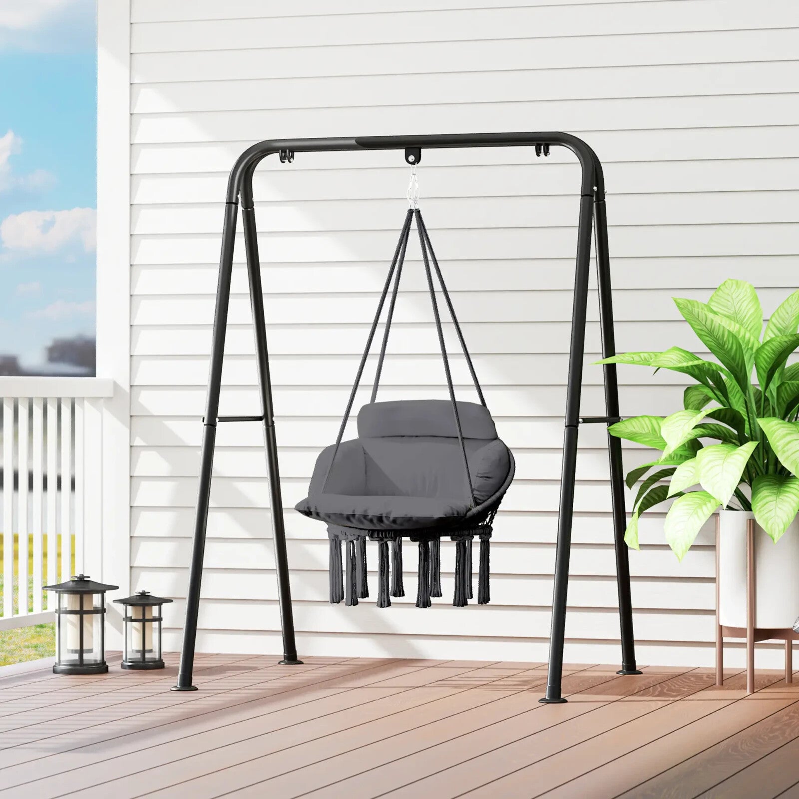 Hammock Hanging Chair Rope Boho Style Swing with Soft Padded Cushion Dark Grey