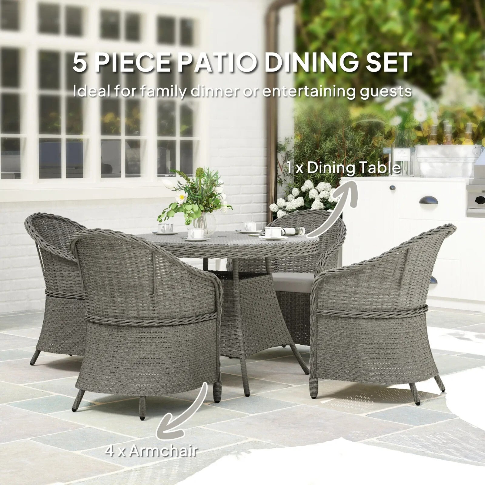 4 Seater Rattan Garden Furniture Set with Cushions and Table and Chairs Grey