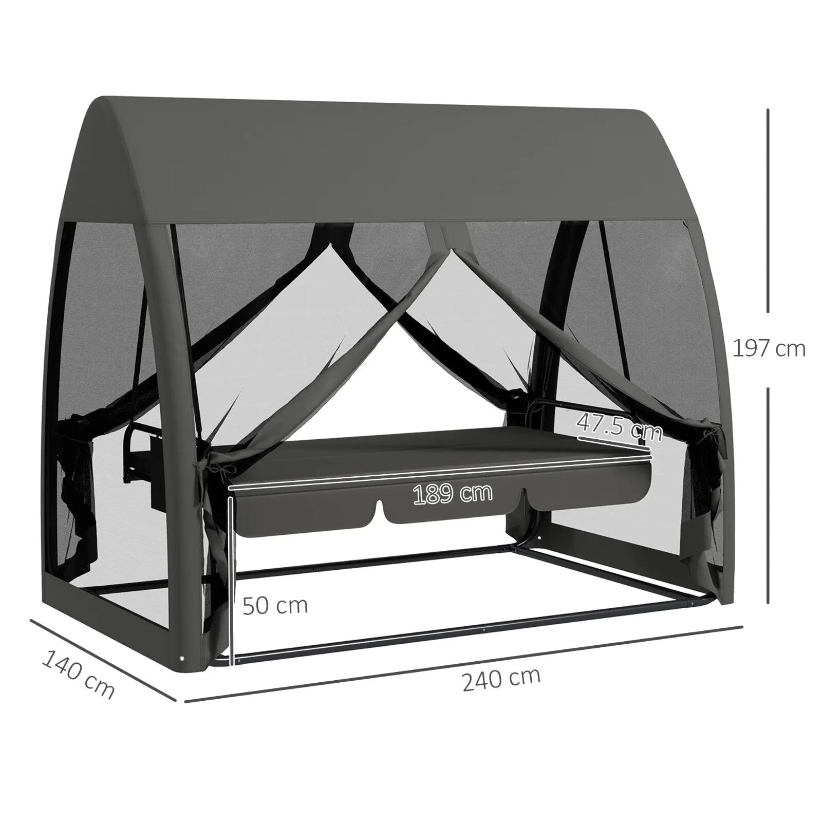 Hammock Swing Bench 3-Seater UV-Resistant Powder Coated with Mesh Canopy Grey