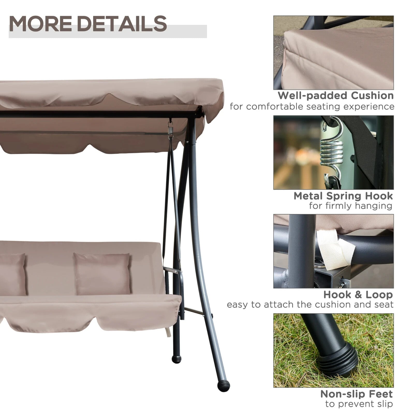 2-in-1 Hammock Swing Chair 3-Seater Powder Coated w/ Cushion & Tilt Canopy Beige