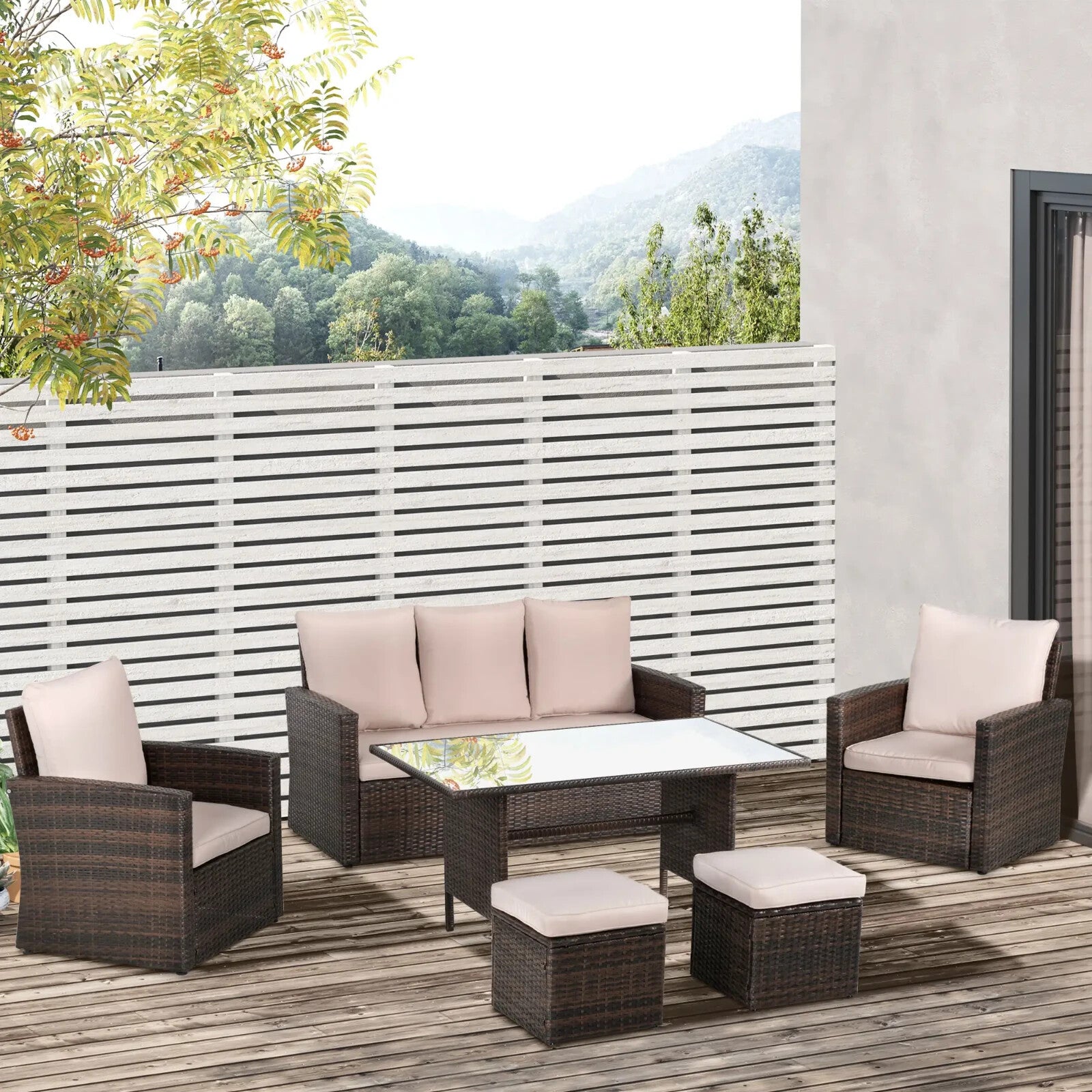 Brown Rattan Furniture Patio Sofa Set with Glass Dining Table & Chairs Cushion