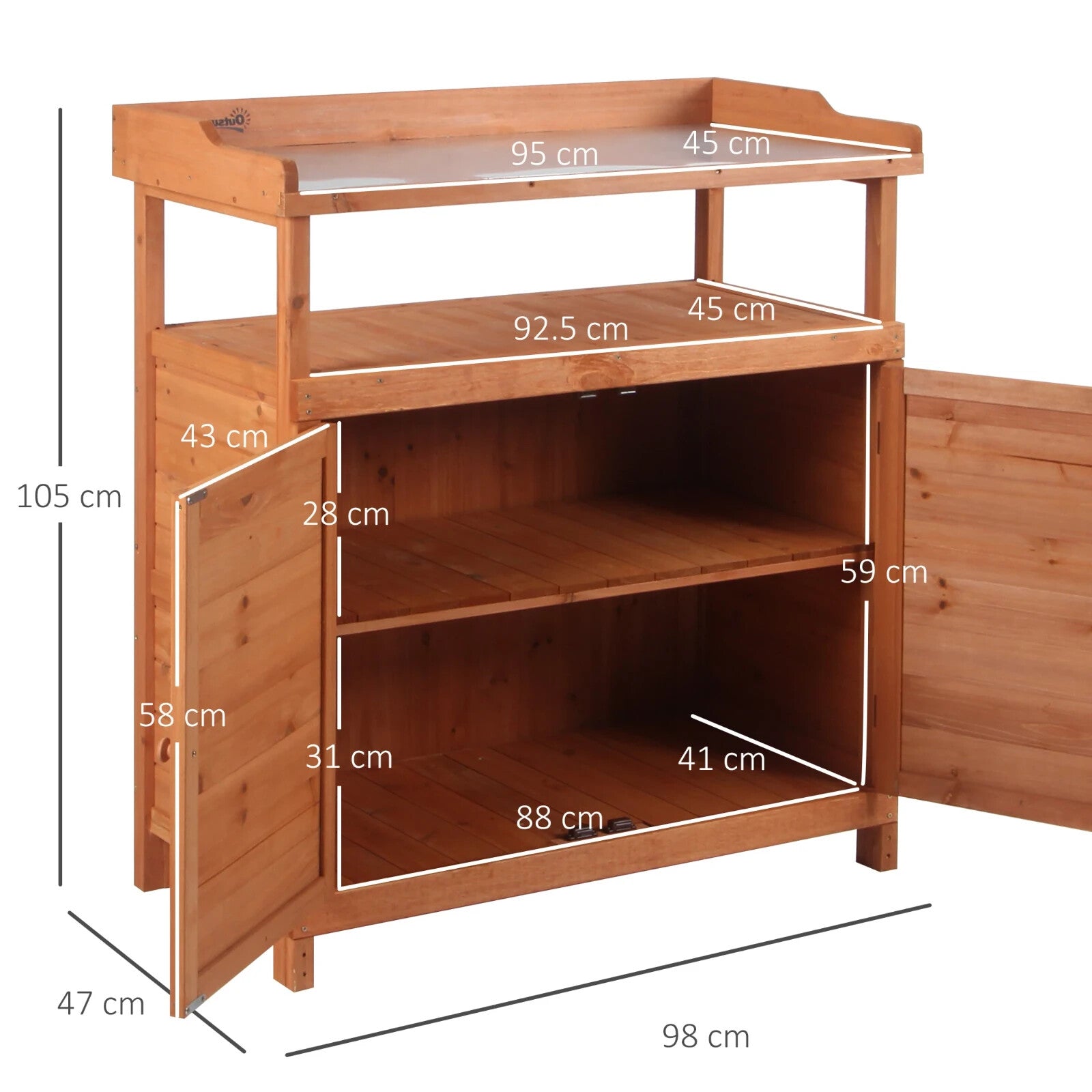 98 x 47 x 105cm Wooden Potting Bench Table with Storage Cabinet and Metal Top