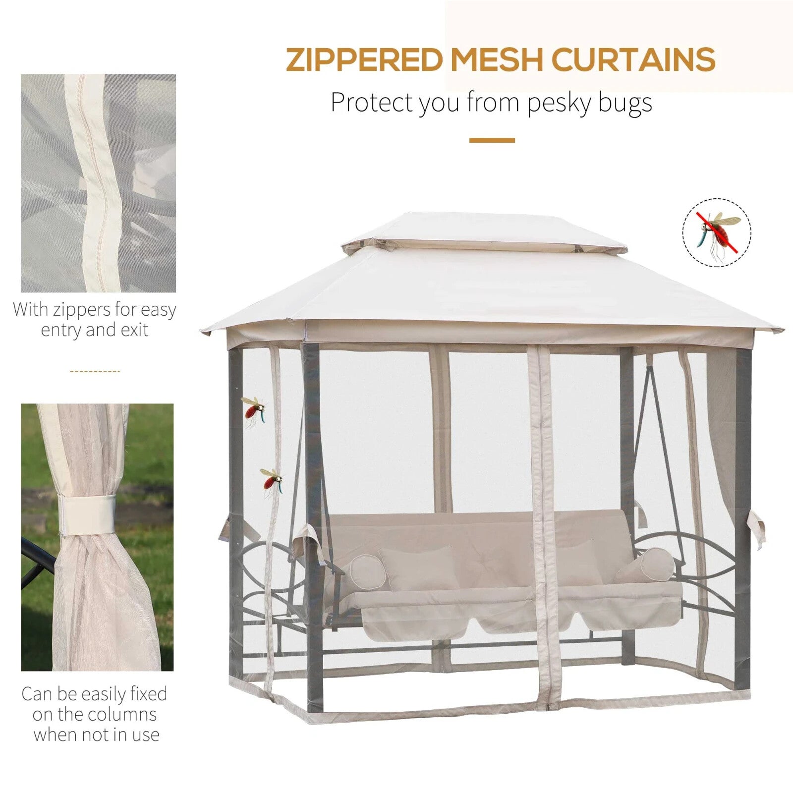 Hammock Swing Bench 3-Seater with 2-Tier Gazebo Canopy & Mesh Netting Beige