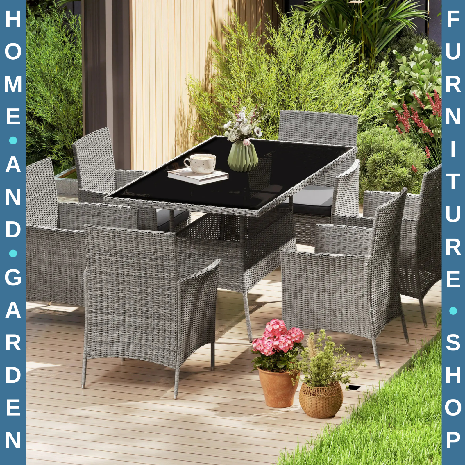 7 Piece Rattan Garden Furniture Set with Cushions 6 Seater Dining Table & Chairs