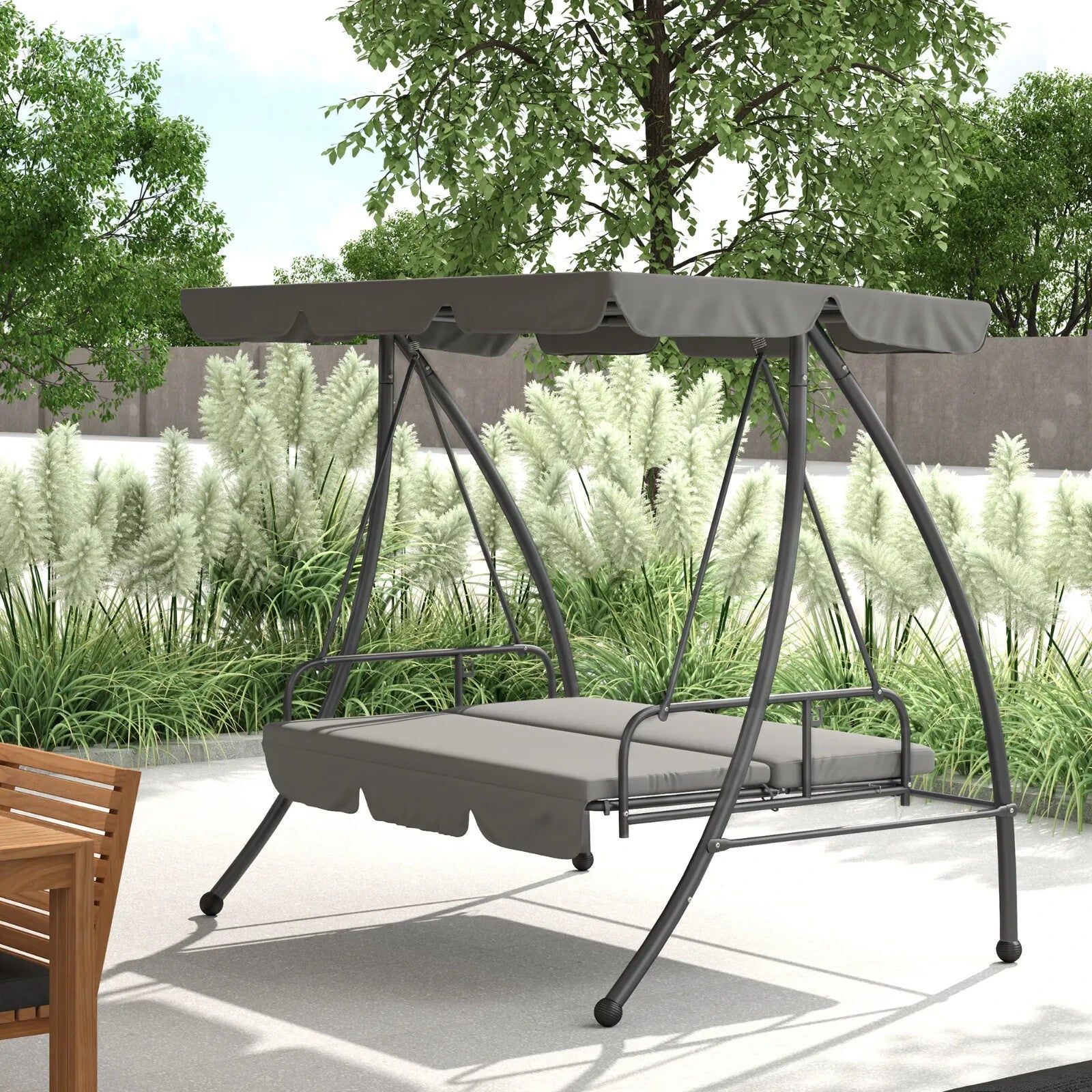2-in-1 Hammock Swing Chair 3-Seater Steel with Cushion & Tilt Canopy Light Grey
