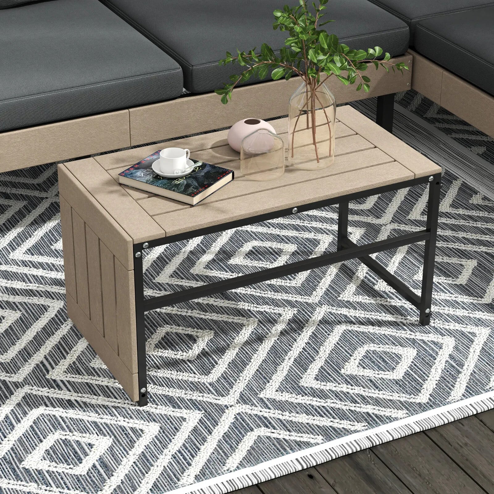 3 Piece L Shaped Garden Sofa Set with Cushions & Table HDPE Patio Furniture Grey