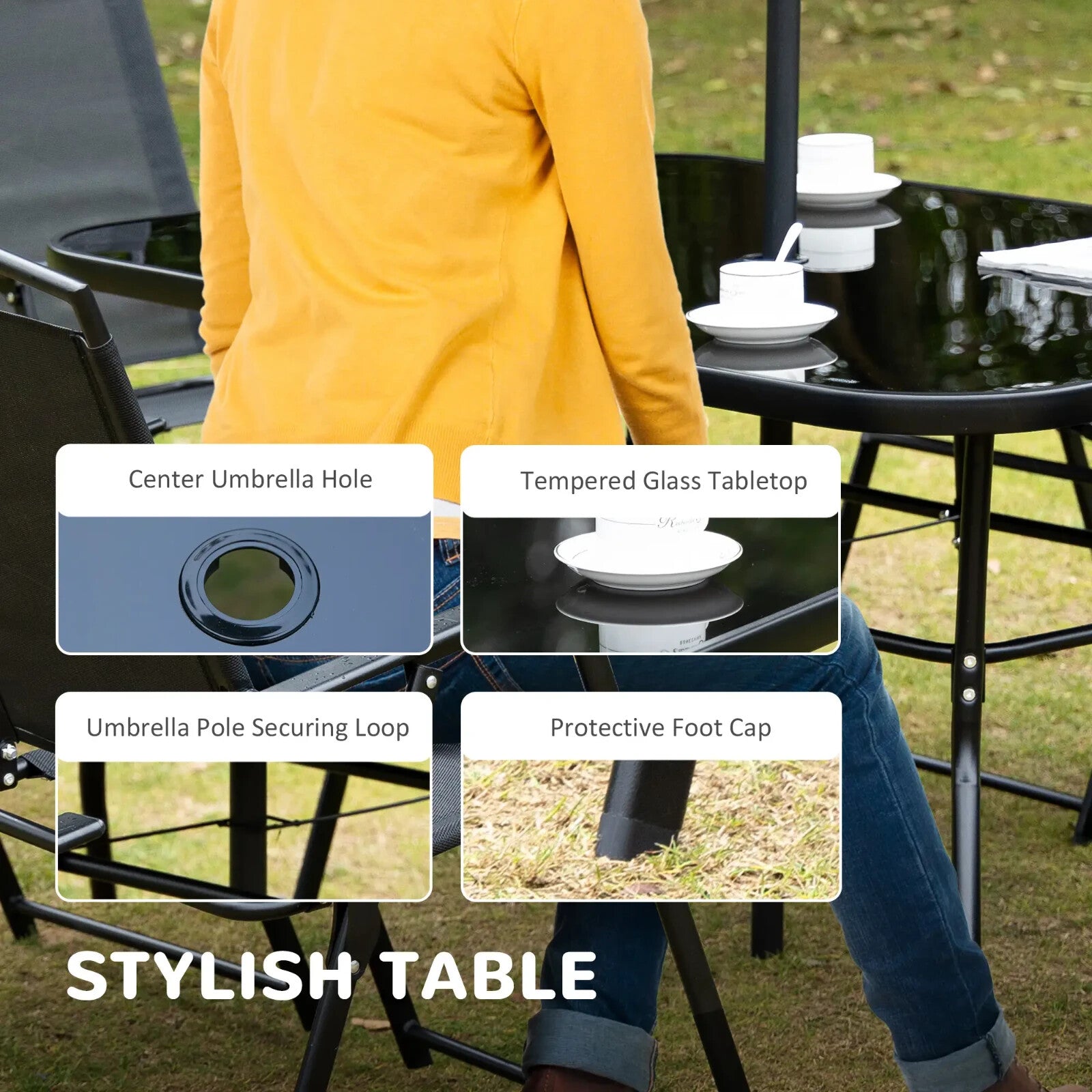 8 Pcs Metal Garden Furniture Set with Parasol Folding Chairs and 6 Seater Table