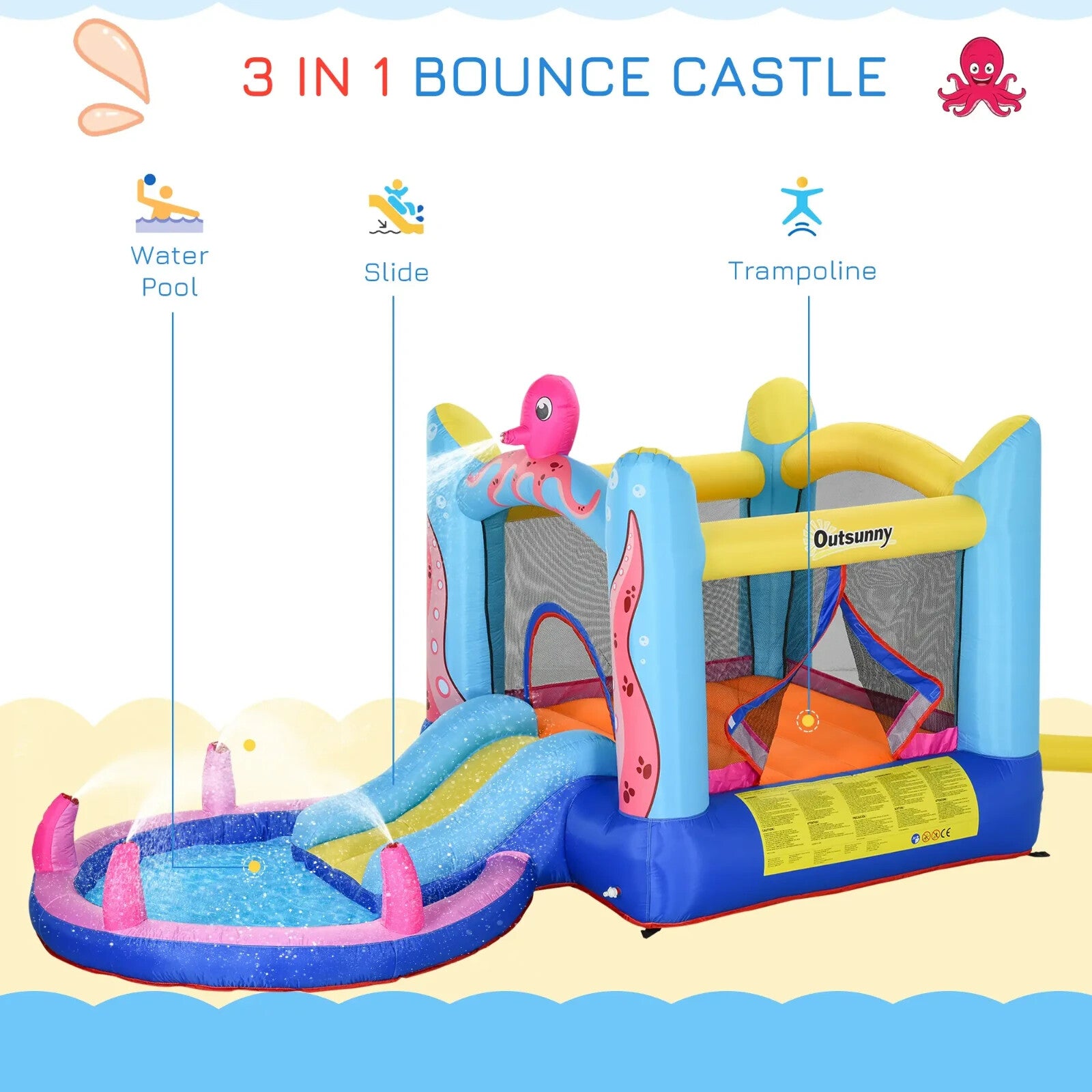 Inflatable Octopus Bounce Castle with Trampoline Slide and Pool 3.8 x 2 x 1.8m