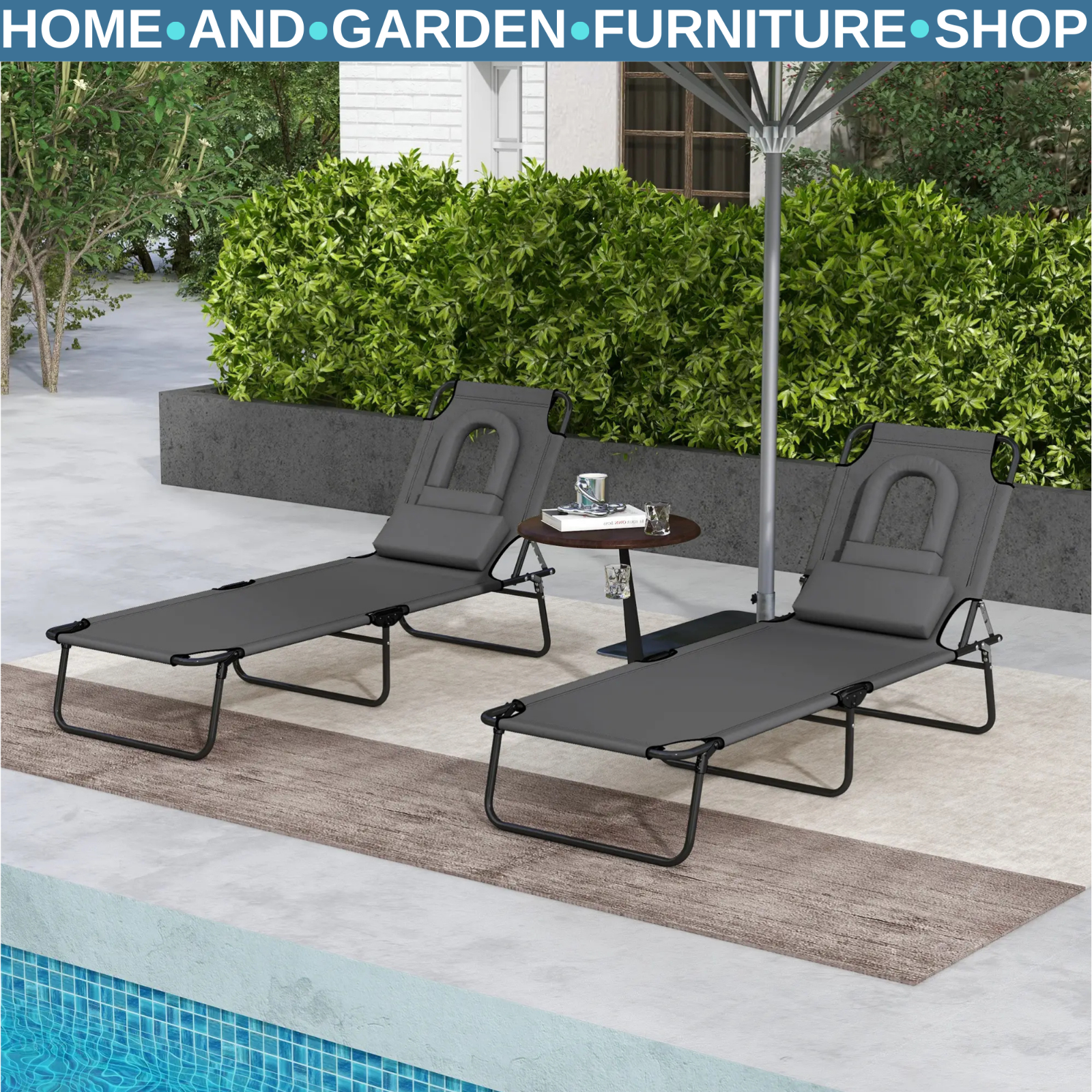 Set of 2 Foldable Sun Loungers w/ Pillow & 4 Level Reclining Adjustable Backrest