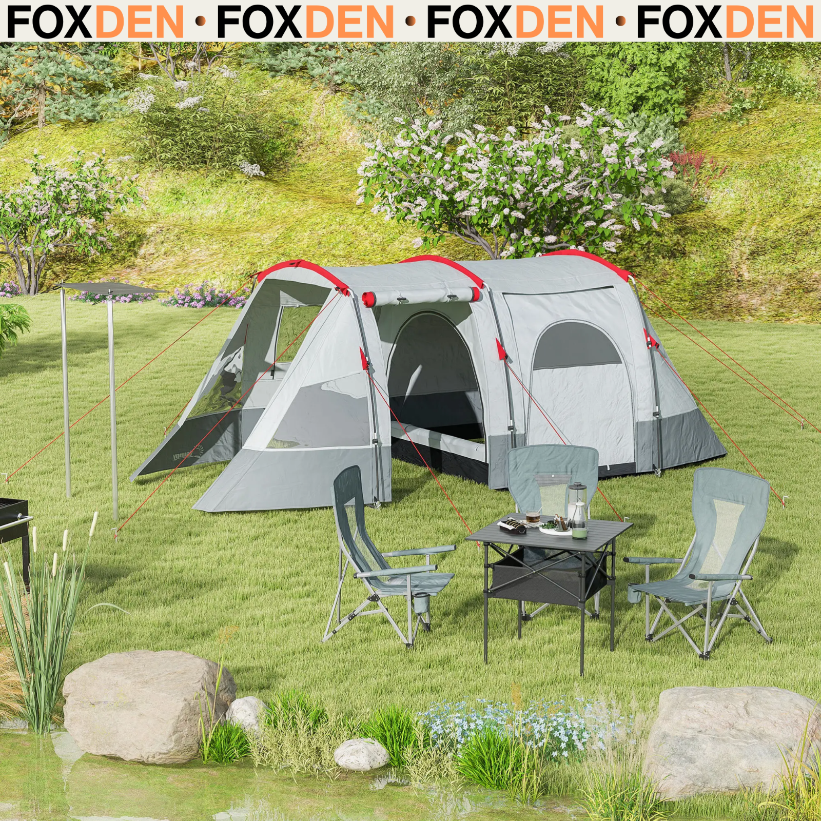 6 8 Man Tunnel Tent Waterproof Carry Bag Multi Room Porch Grey Guy Ropes FOXDEN