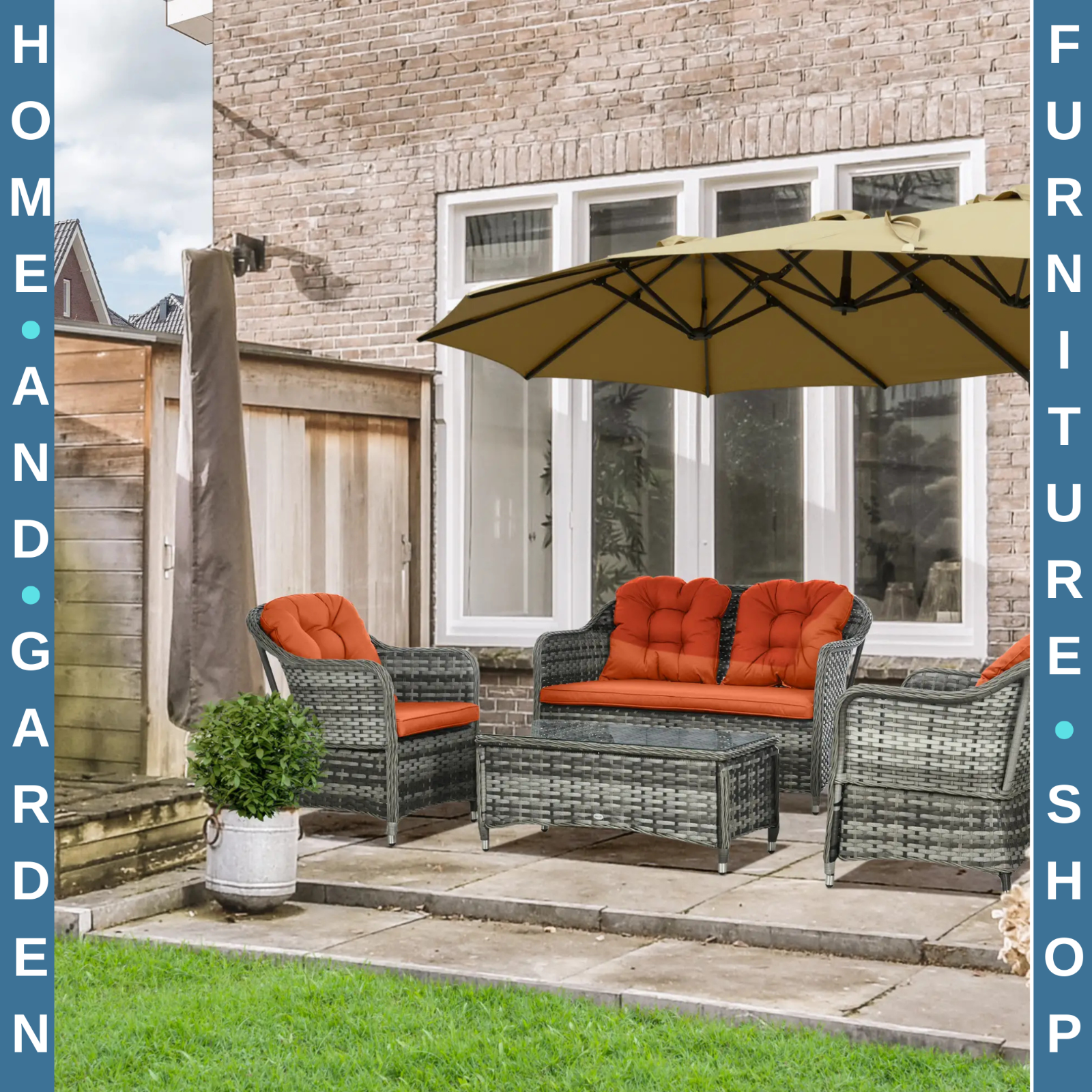 Four Pcs Rattan Sofa Set with Glass Top Table Garden Outdoor Patio Furniture Set