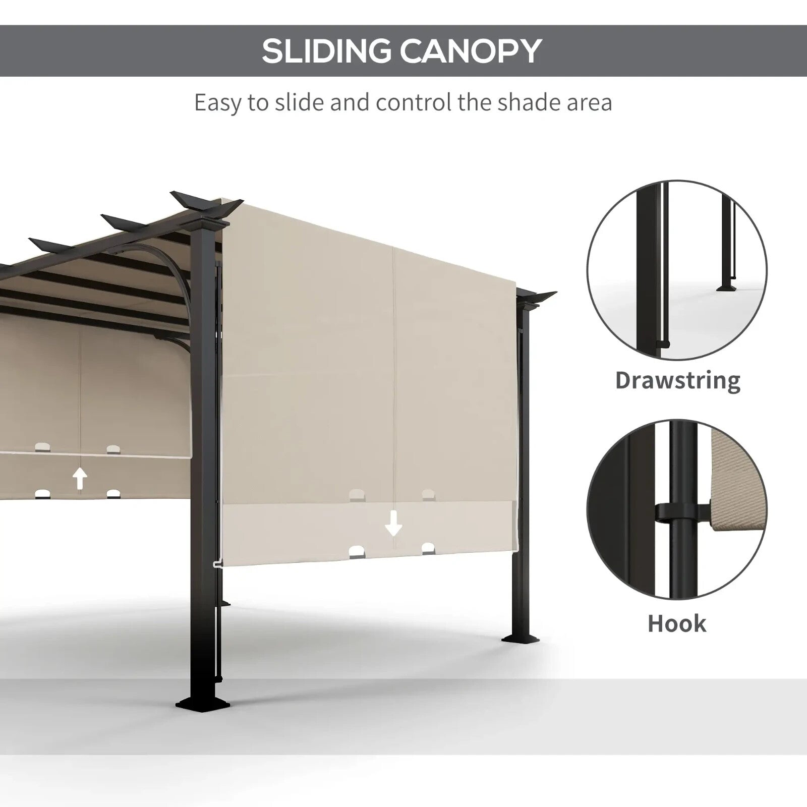 Gazebo Pergola Sun Shelter Canopy with Adjustable Height & Drawstring Beige