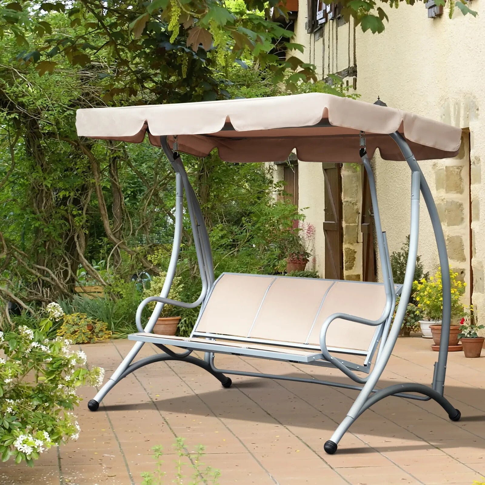 Hammock Swing Bench 3-Seater Weather-Resistant with Adjustable Canopy Beige