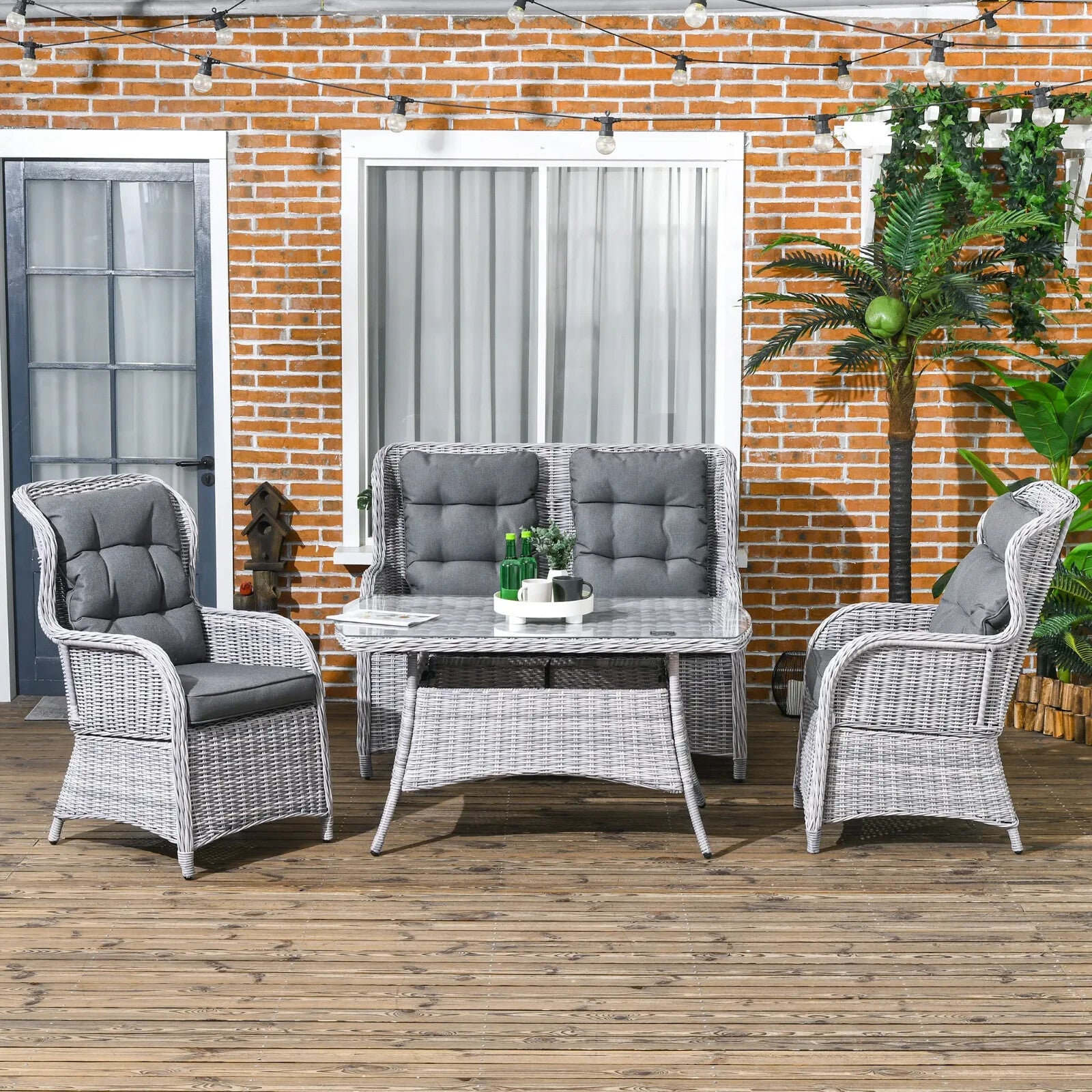 4 Seater Rattan Garden Furniture Set with High Back Chair & Tempered Glass Table